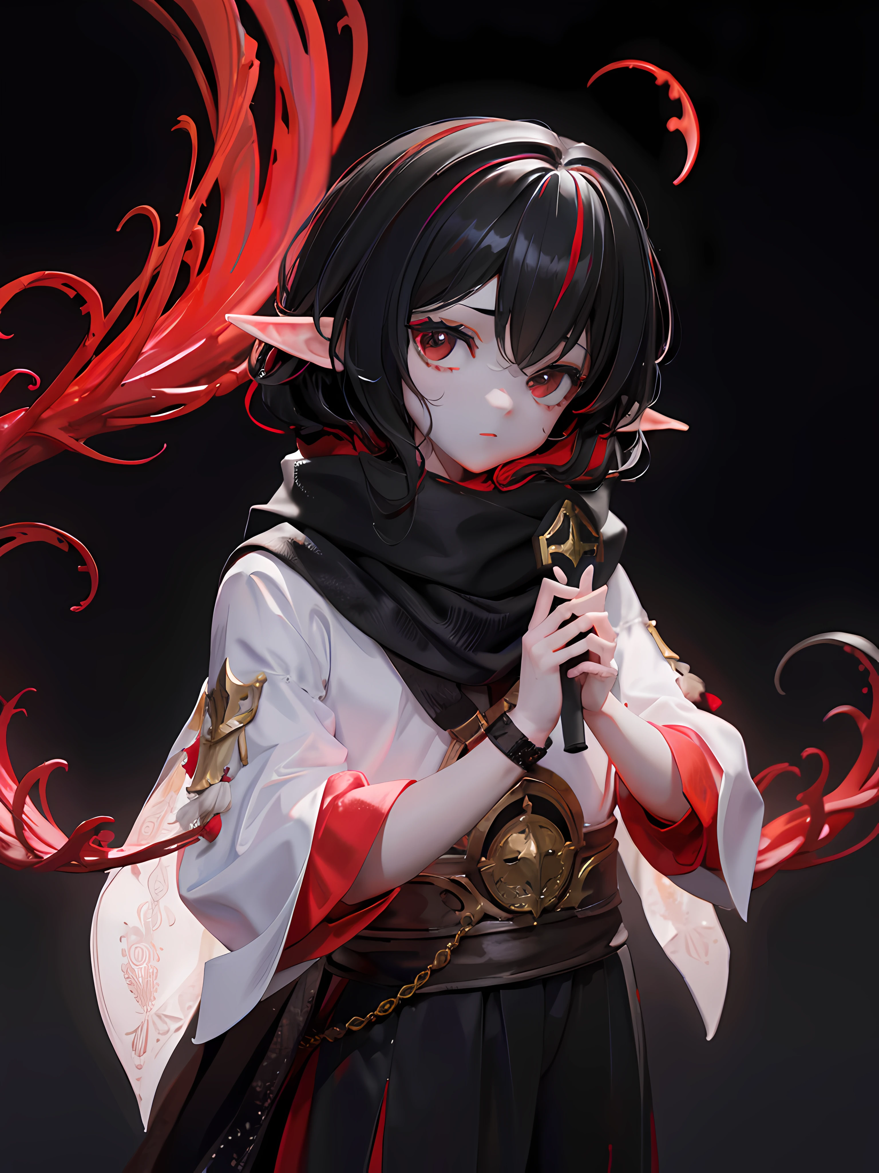 1boy, Medium Black hair, red eyes, white scarf, elf ears, black tunic, forest background,8k, high resolution, intricate details, ultrasharp, masterpiece, looking at viewer