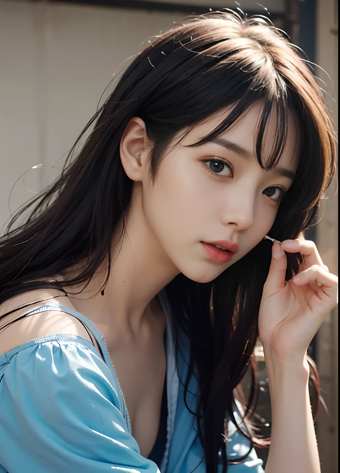 ((highest quality、Masterpiece、High resolution))、(((Zoom photo of upper body、Black Hair)))、(A shy smile:1.2)、One woman、Beautiful Skin、Beautiful Eyes、Cleavage、Nurse uniform、Trimmed bangs、Semi-long hair