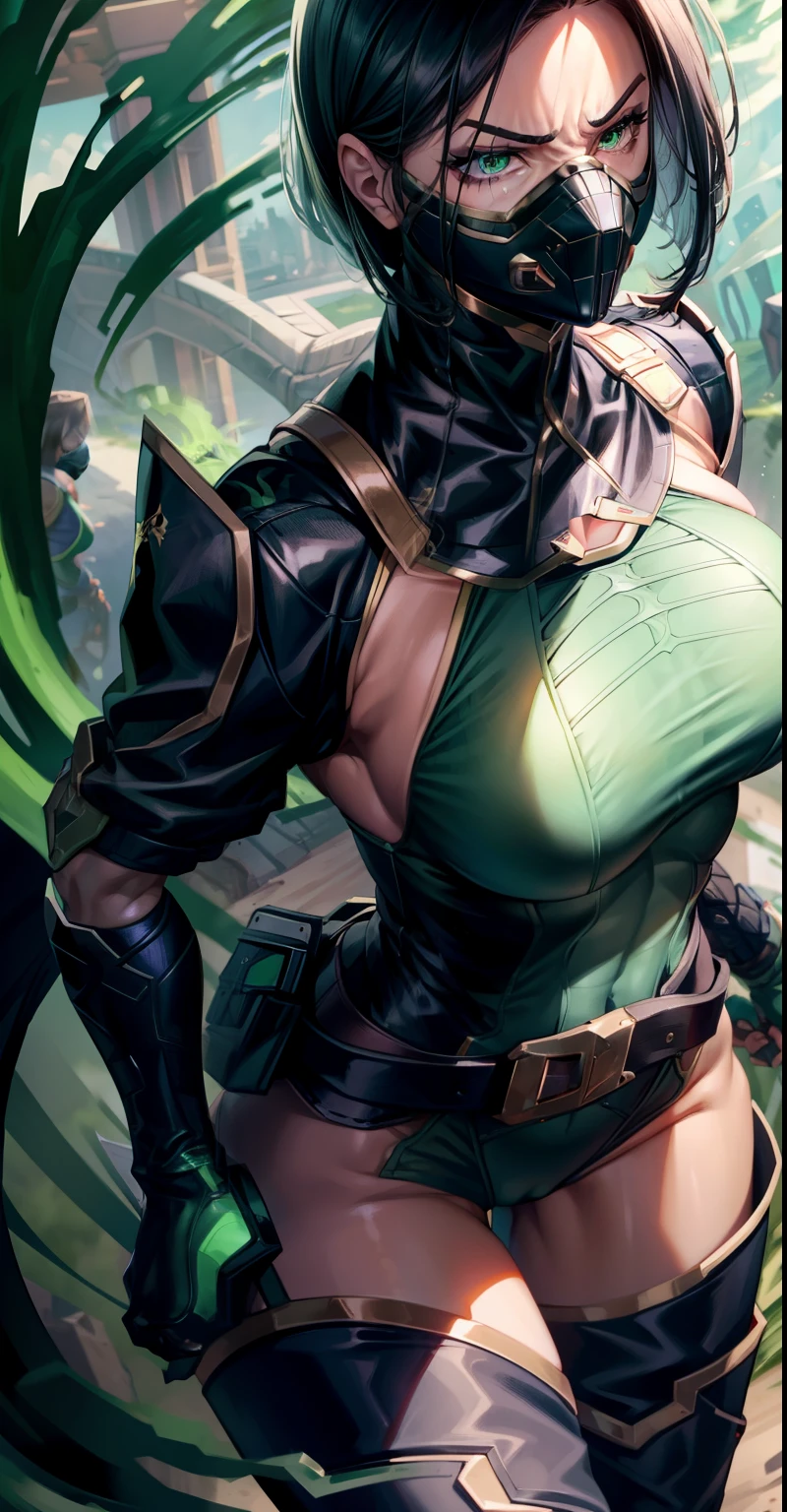 Masterpiece, Best quality,Look at the woman from the soles of her feet ,《Fearless viper》, in a bikini, mitts, belt, thigh boots, respirator, view the viewer, face, Portrait, Close-up, Glowing eyes, green smoke, Black background,huge tit,Raised chest,Bare-bodied,Close-up of the lower body,angry look,Devil figure,Staring angrily at the screen,Facing the screen,Muscle woman,Abs