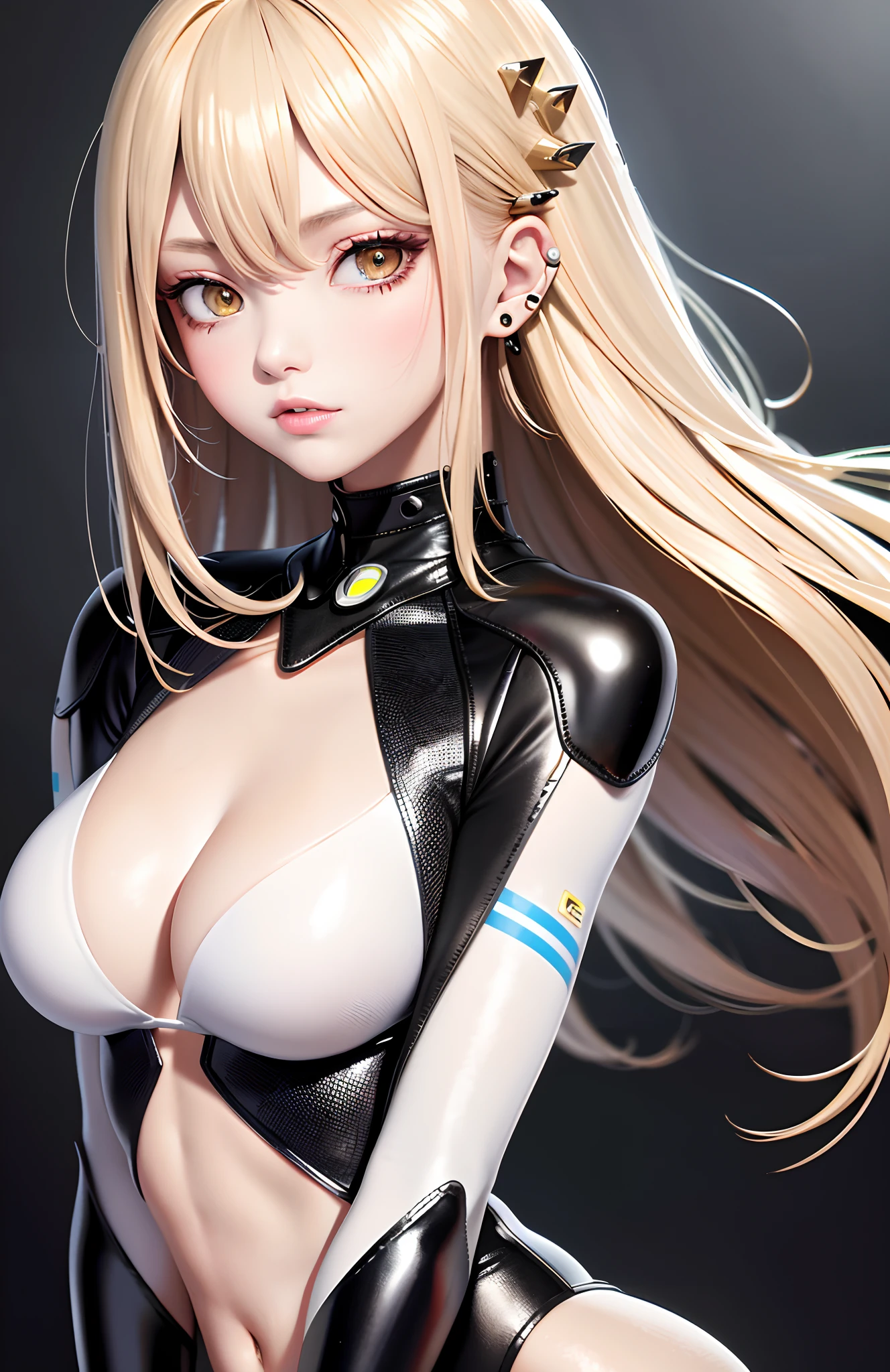 optimum,tmasterpiece,A high resolution,best qualtiy,hyper HD,super detailing,Award-Awarded,16k,独奏,((The upper part of the body)),((Bust)),anatomy correct,Beautiful cyberpunk girl,cute face,,Gradient Beige Hair,Hairline,((Dark golden eyes)),long eyelasher,Hanging eye corners,White skin of the,(small boobs),(Slim body),((Women's extra short shawl leather jacket)),((racing_suit)),(()),ear studs,(Neck strap),(Laser material clothing:1.2)