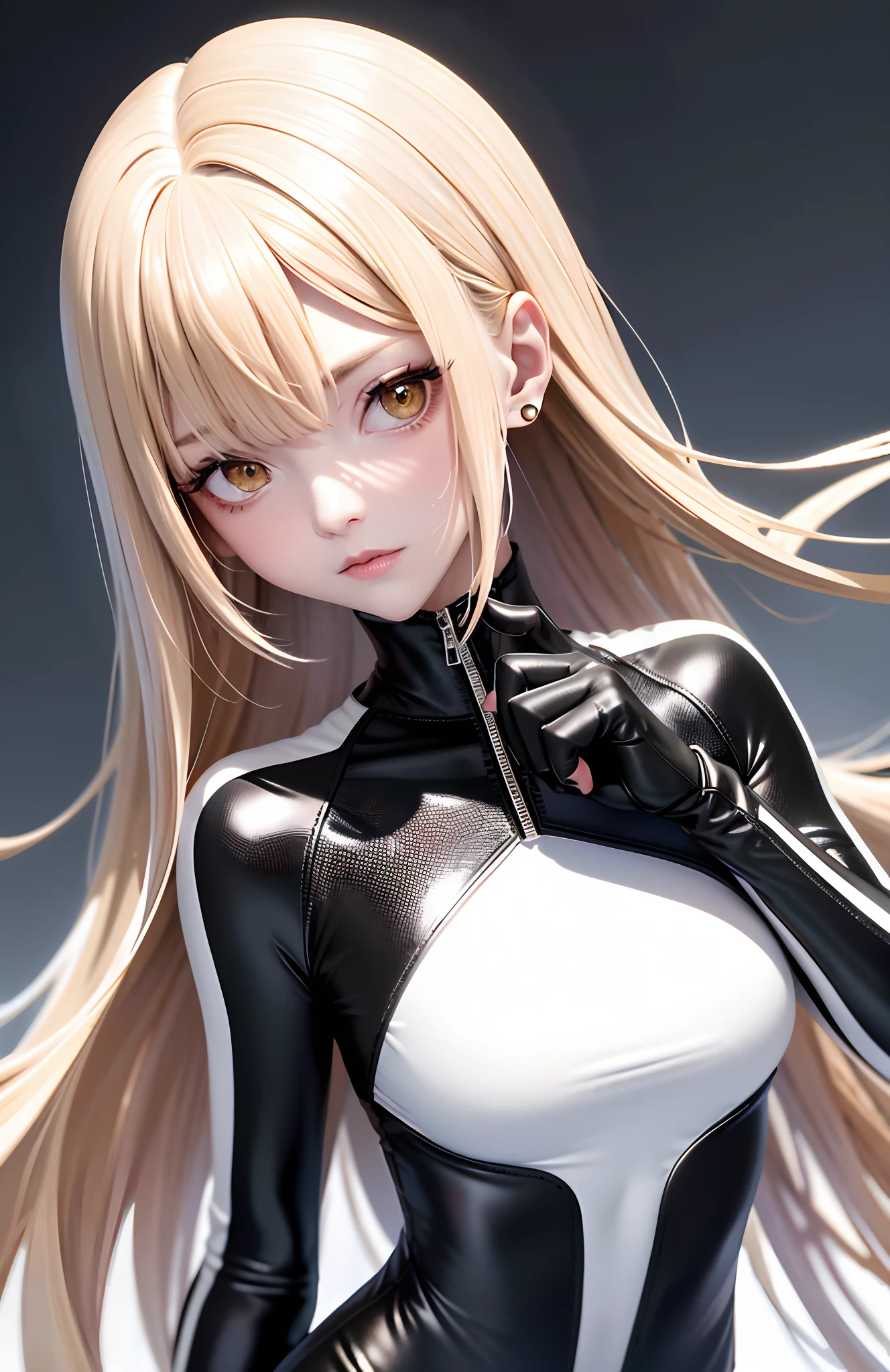 optimum,tmasterpiece,A high resolution,best qualtiy,hyper HD,super detailing,Award-Awarded,16k,独奏,((The upper part of the body)),((Bust)),anatomy correct,Beautiful cyberpunk girl,cute face,,Gradient Beige Hair,Hairline,((Dark golden eyes)),long eyelasher,Hanging eye corners,White skin of the,(small boobs),(Slim body),((Women's extra short shawl leather jacket)),((racing_suit)),(()),ear studs,(Neck strap),(Laser material clothing:1.2)