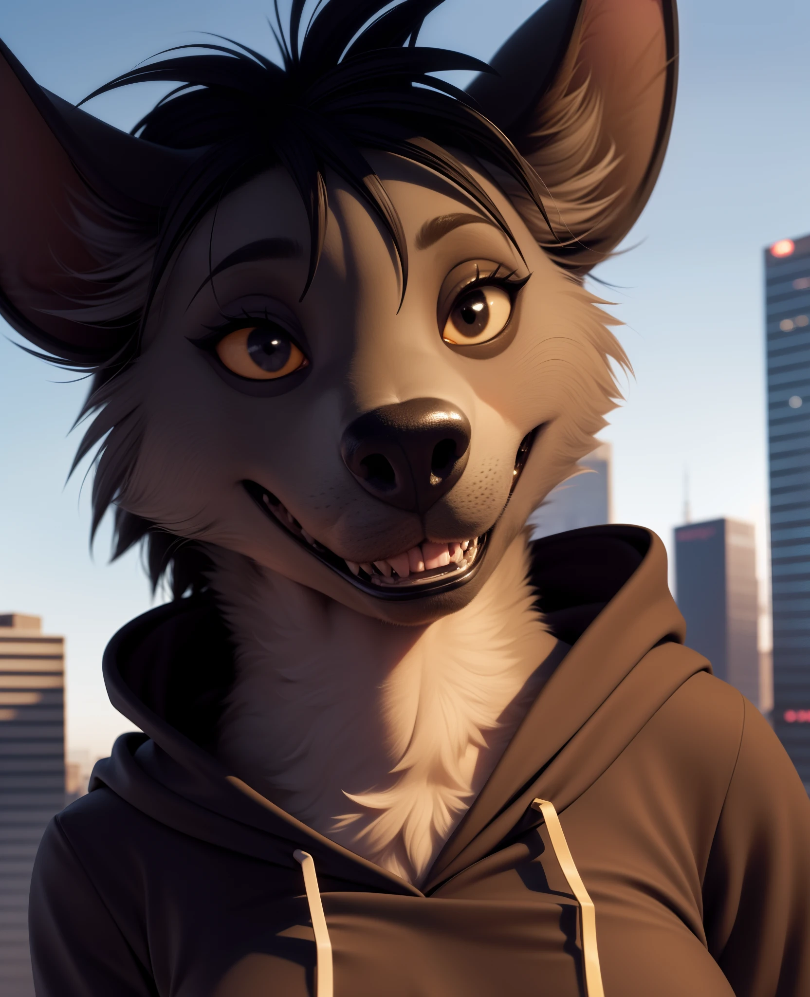 shenzi, furry female anthro, hyena girl, portrait, close-up, (hoodie:1.2),  fur trim, solo, (body fur:1.2), (best quality), (detailed urban background:1.2), dramatic lighting, (detailed fluffy fur:1.1), looking at viewer,