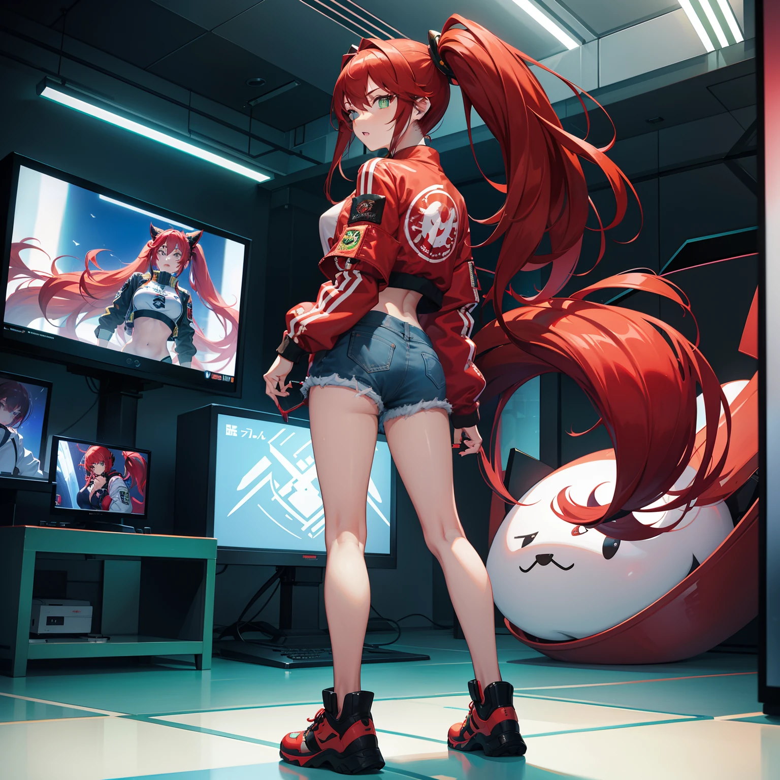Full body shot, female asian Irina Shidou red hair twintails green eyes, in a game arcade, wearing a bomber jacket and crop top and denim shorts, playing on a playstation console on a big screen tv, side shot, back shot, shot from backside, behind shot, masterpiece, highly detailed