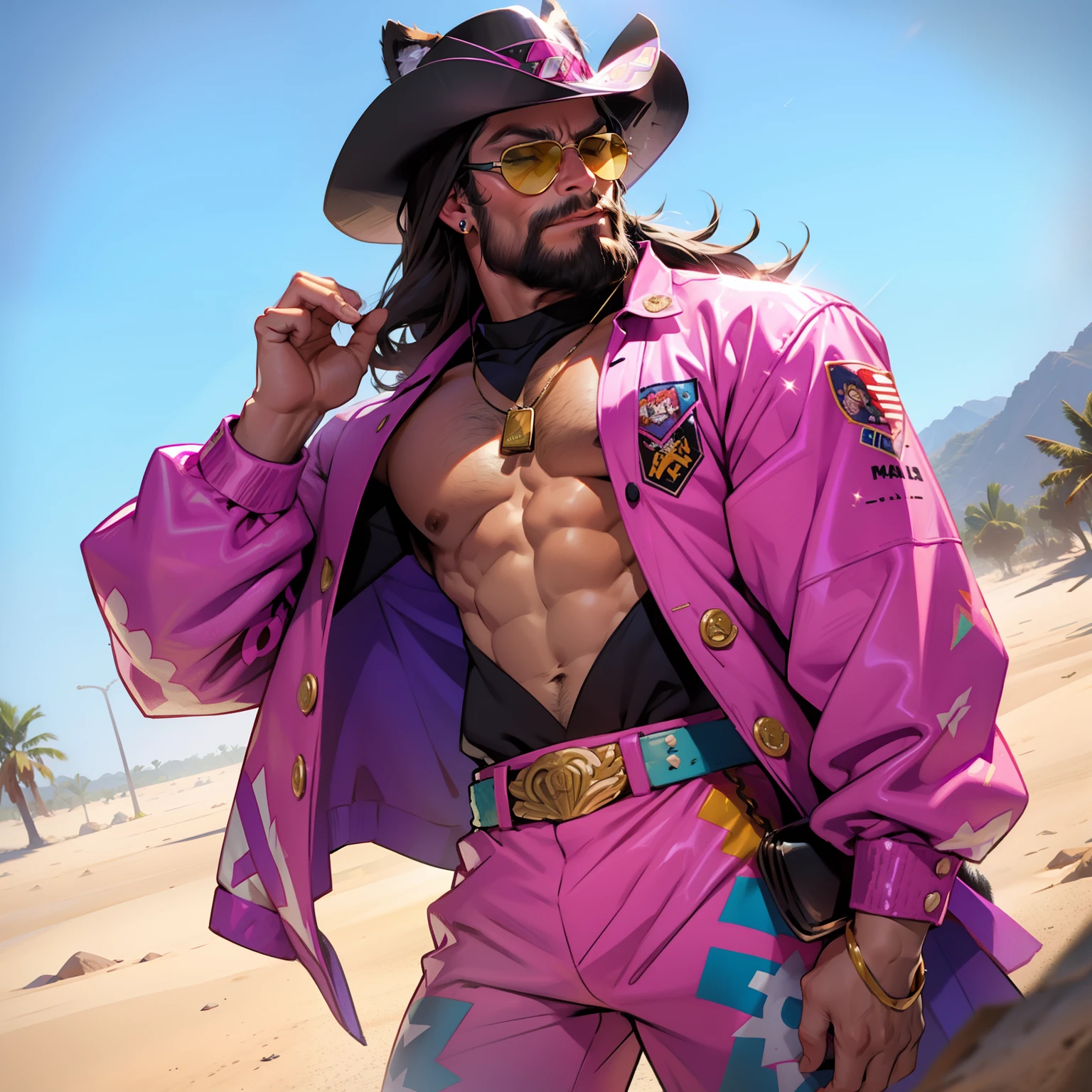 Macho man randy savage wearing cowboy hat, wearing sequin suit, wearing sunglasses, has wolf ears