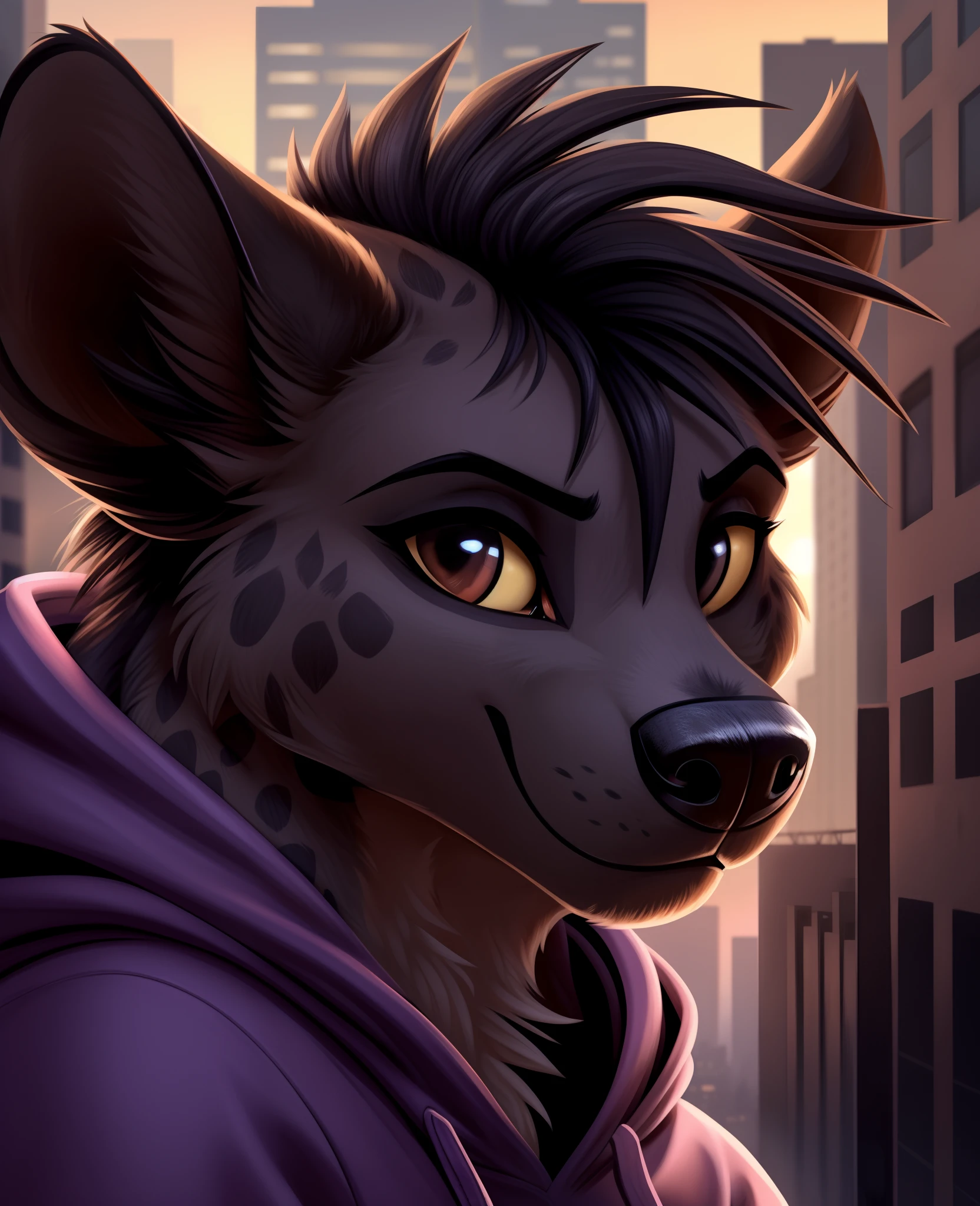 shenzi, furry female anthro, hyena girl, portrait, close-up, (hoodie:1.2),  fur trim, solo, (body fur:1.2), (best quality), (detailed urban background:1.2), dramatic lighting, (detailed fluffy fur:1.1), looking at viewer,