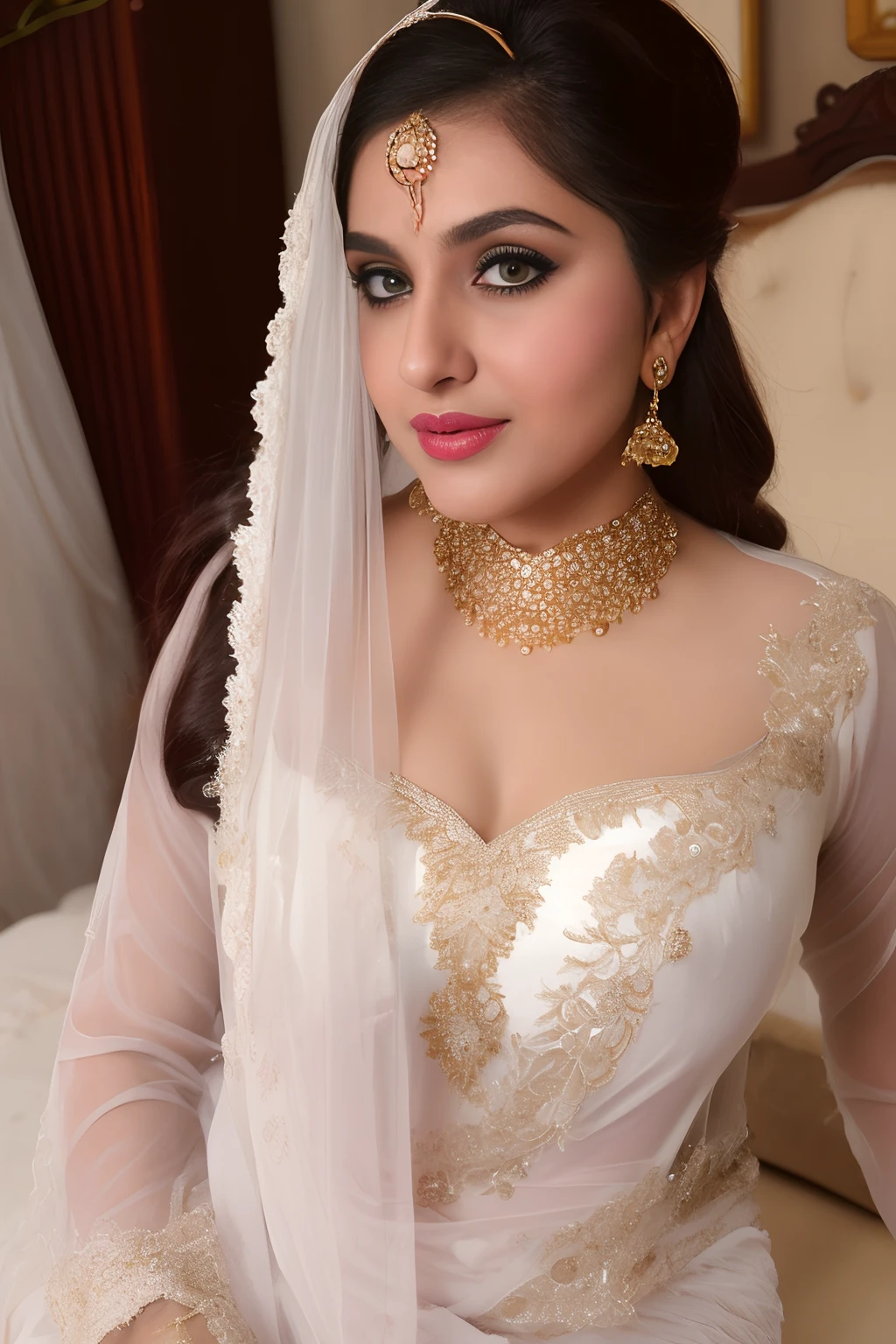 32 year old pakistani woman, (((slob))) wearing tight satin attire, (tight white satin) curvy figure, chubby, detailed face, 8k, detailed features, dark brown short hair, casual posing, (white satin) human skin (visible facial pores:1.1), (extremely detailed face) ,human skin has [visible|[(wrinkles:0.625)|small pores]] (transparent clothes) (dirty) slight smile, lipstick, dslr, 8k, belly,