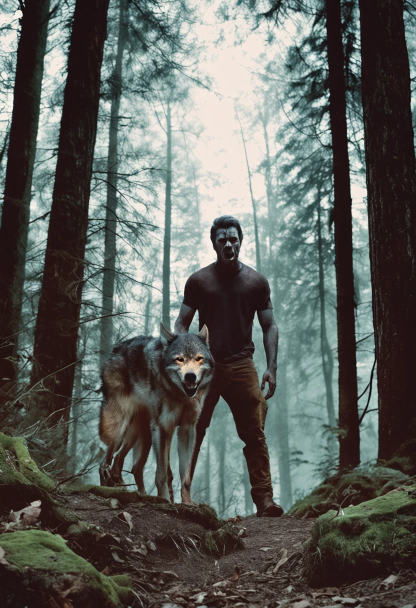 young man found a werewolf with four eyes in a dark scary forest