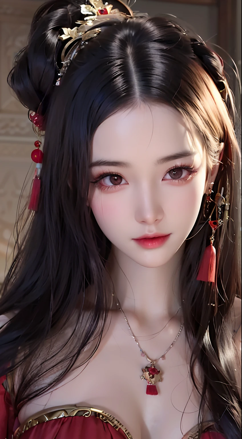 a close up of a woman with long hair wearing a red dress, gorgeous chinese models, Chinese girl, Chinese style, Beautiful Asian girl, trending at cgstation, Realistic. Cheng Yi, Asian girl with long hair, with long hair and piercing eyes, Beautiful girl model, Korean girl, Chinese traditional, asian features, Chinese woman, south east asian with round face