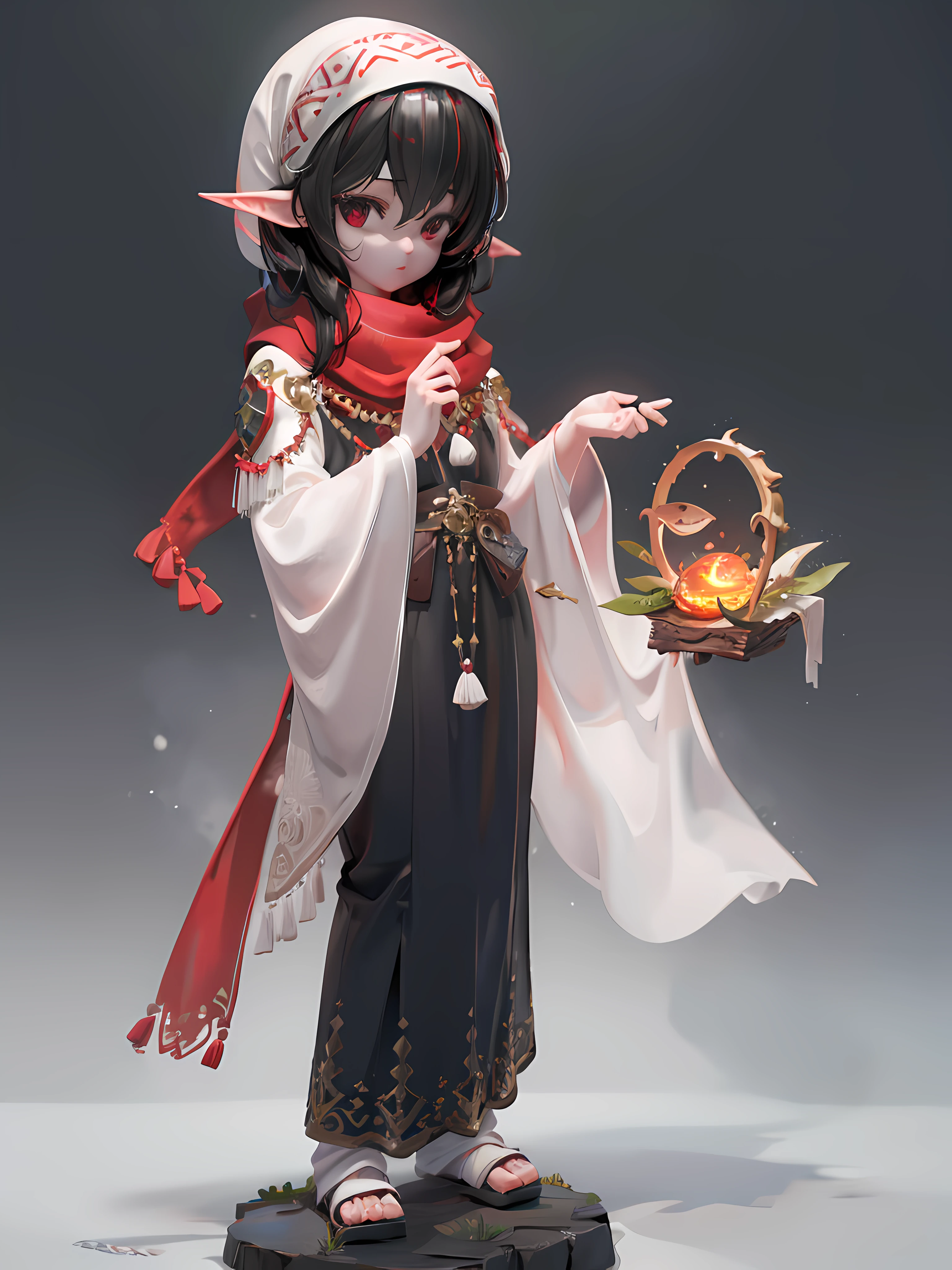 1boy, Medium Black hair, red eyes, white scarf, elf ears, black tunic, forest background,8k, high resolution, intricate details, ultrasharp, masterpiece, looking at viewer