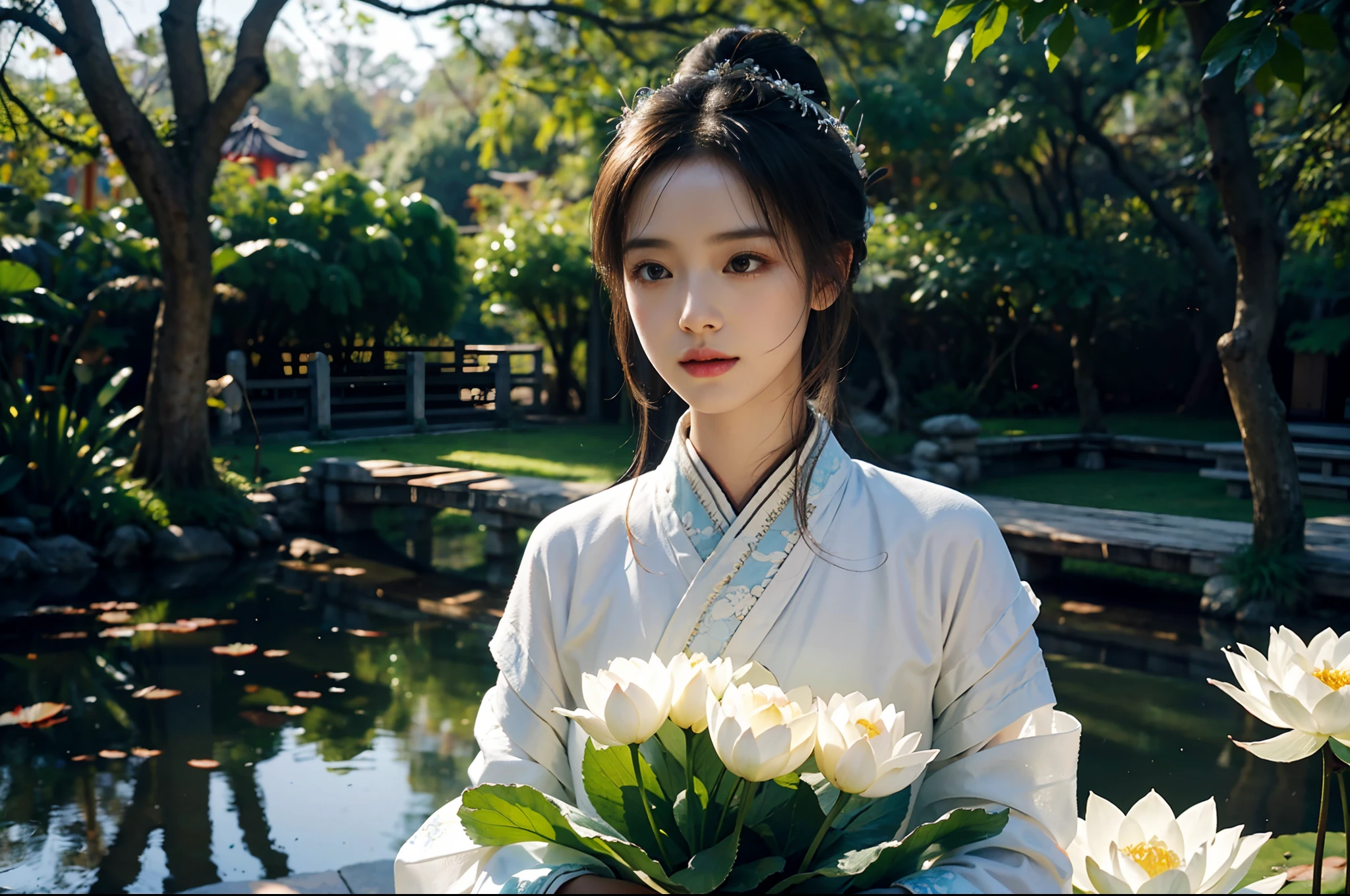 Realistic, close-up, intricate details, super detailed, natural skin texture, 1 girl, hair bundle, bun, beautiful Chinese woman in white hanfu robe cloak, fairy, white mist, golden light, white mist, outdoors, in Hangzhou West Lake, in ancient Chinese pavilion, (colorful, vivid, sunny, cool light: 1.2) lotus leaves in pond, delicate facial details, dynamic poses, exquisite details, wide field of view, epic details, global illumination - ar 3:2 - q 5 - v 5.1 - Style RAW-S 750, style influenced by ancient Chinese art, complex, high detail, sharp focus, dramatic, photorealistic painting art, lotus leaf, spring rain, bright, light, atmosphere, bright tones of spring, super detail, 16k, best quality, soft light, space, crystal clear, natural light, surreal photography,