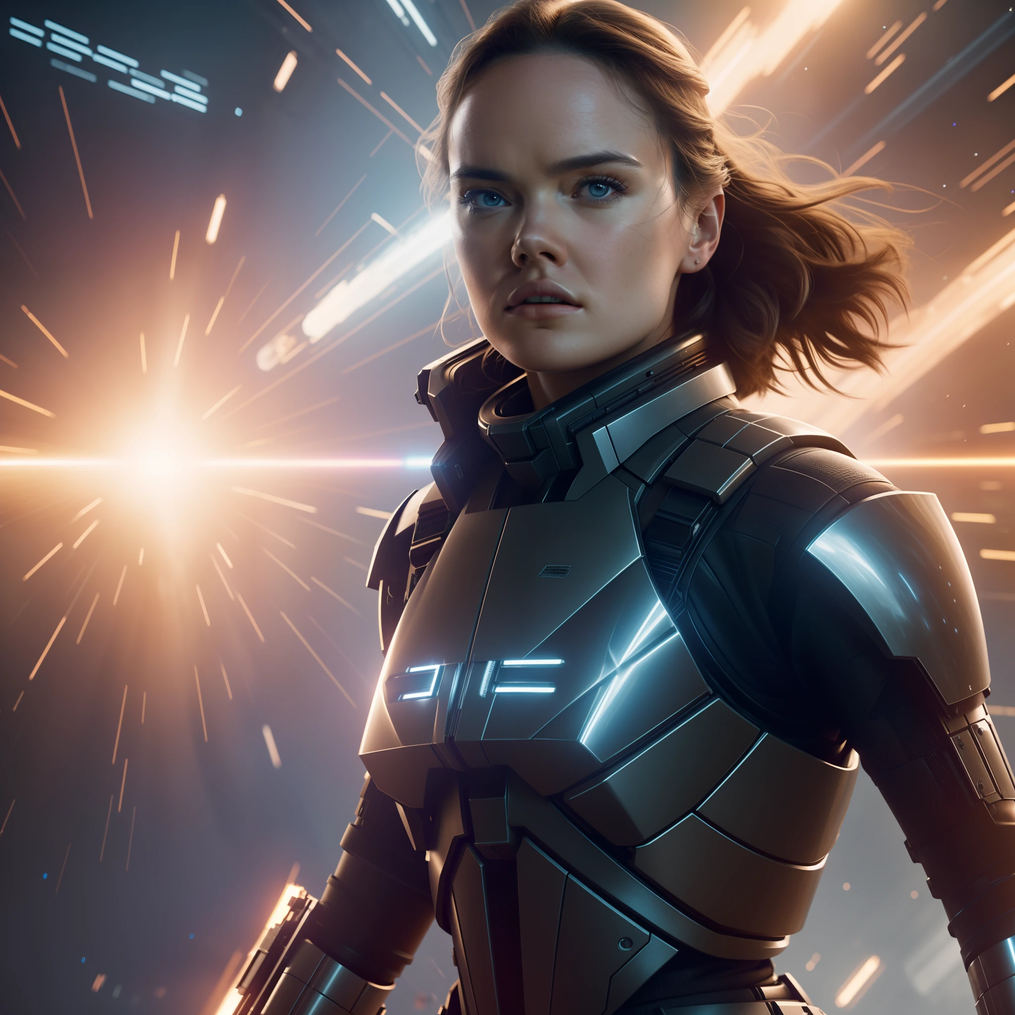 a close up action shot of epic Sci fi Hot Daisy Ridley, Detailed clothing details, Liquid effect, space, Interstellar battlefield photography, natural light, photorealism, cinematic rendering, ray tracing, the highest quality, the highest detail, Cinematic, Third-Person View, Blur Effect, Long Exposure, 8K, Ultra-HD, Natural Lighting, Moody Lighting, Cinematic Lighting