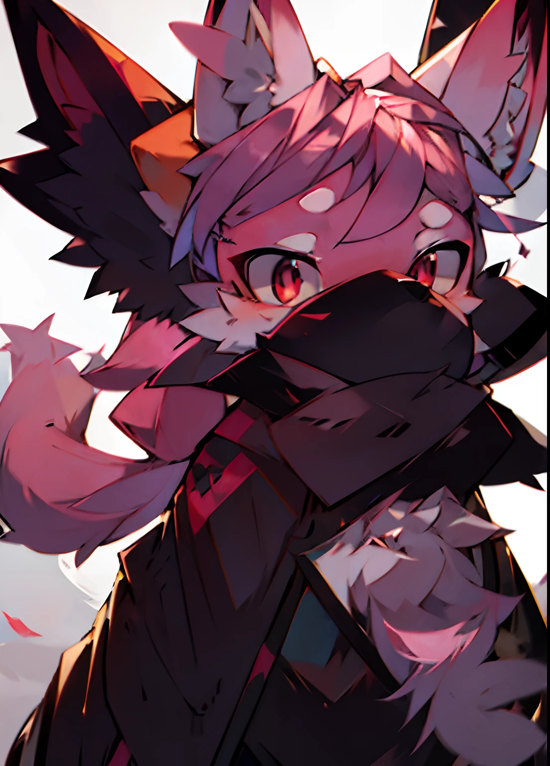 girl fox，female focus，Plush women's clothing，covered by fur，Pink hair，（Black robe，Vampires，）