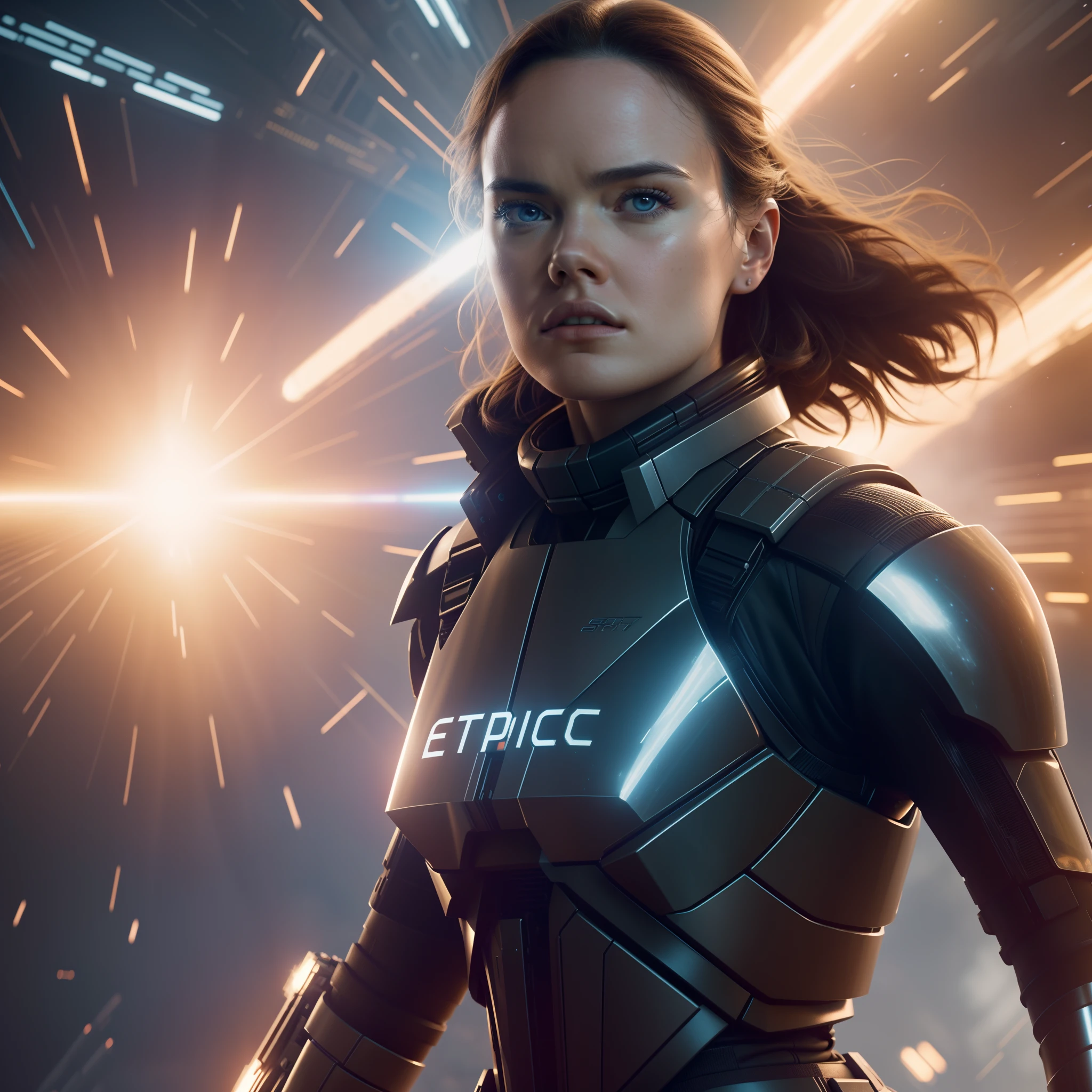 a close up action shot of epic Sci fi Hot Daisy Ridley, Detailed clothing details, Liquid effect, space, Interstellar battlefield photography, natural light, photorealism, cinematic rendering, ray tracing, the highest quality, the highest detail, Cinematic, Third-Person View, Blur Effect, Long Exposure, 8K, Ultra-HD, Natural Lighting, Moody Lighting, Cinematic Lighting