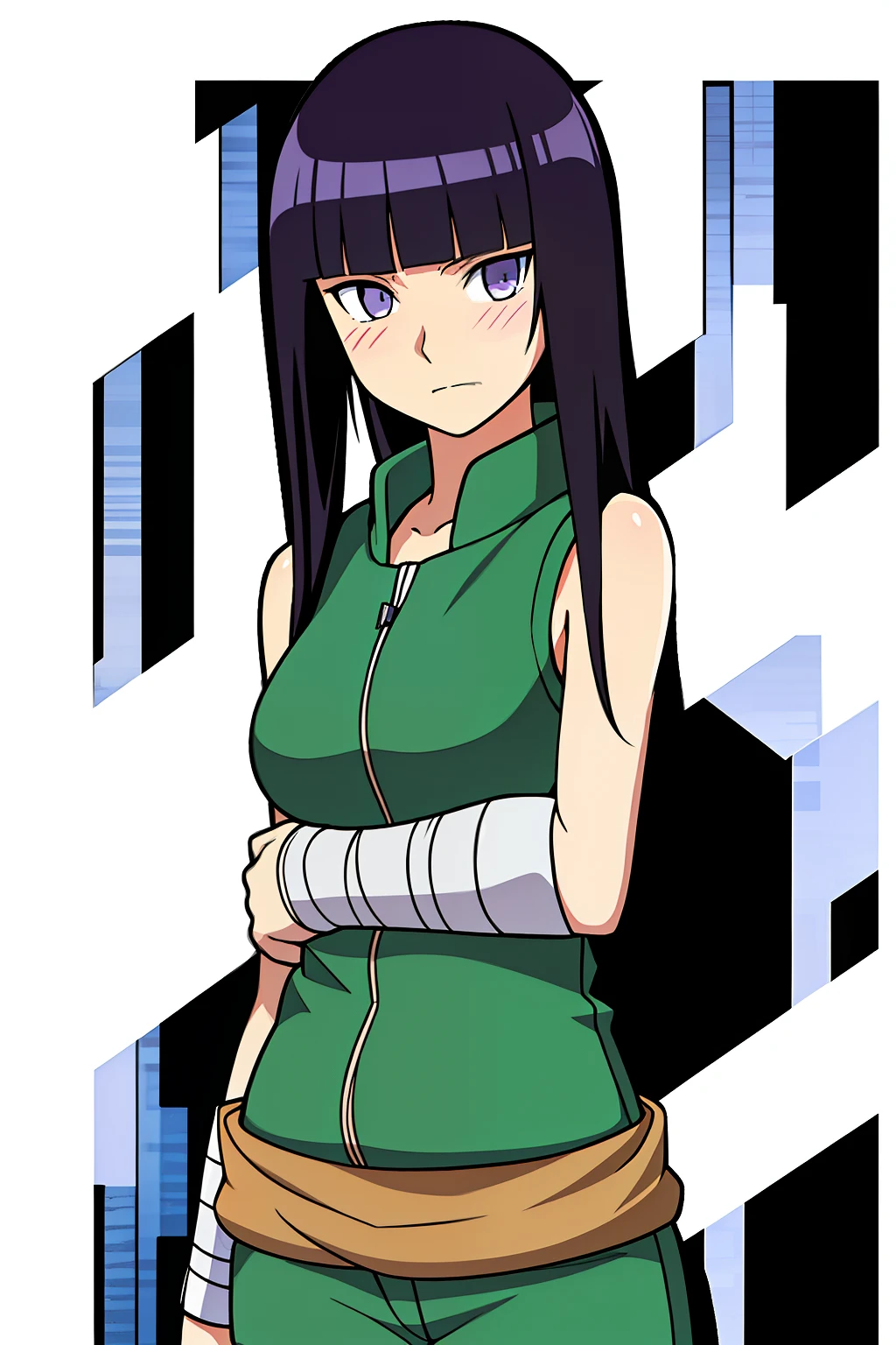 black hair, hime cut, long hair, green chunin vest, bangs, clear eyes, bandage on nose, shy expression, byakugan, cowboy shot, blushing, arms behind back, shorts, medium breasts, transparent background, solo female