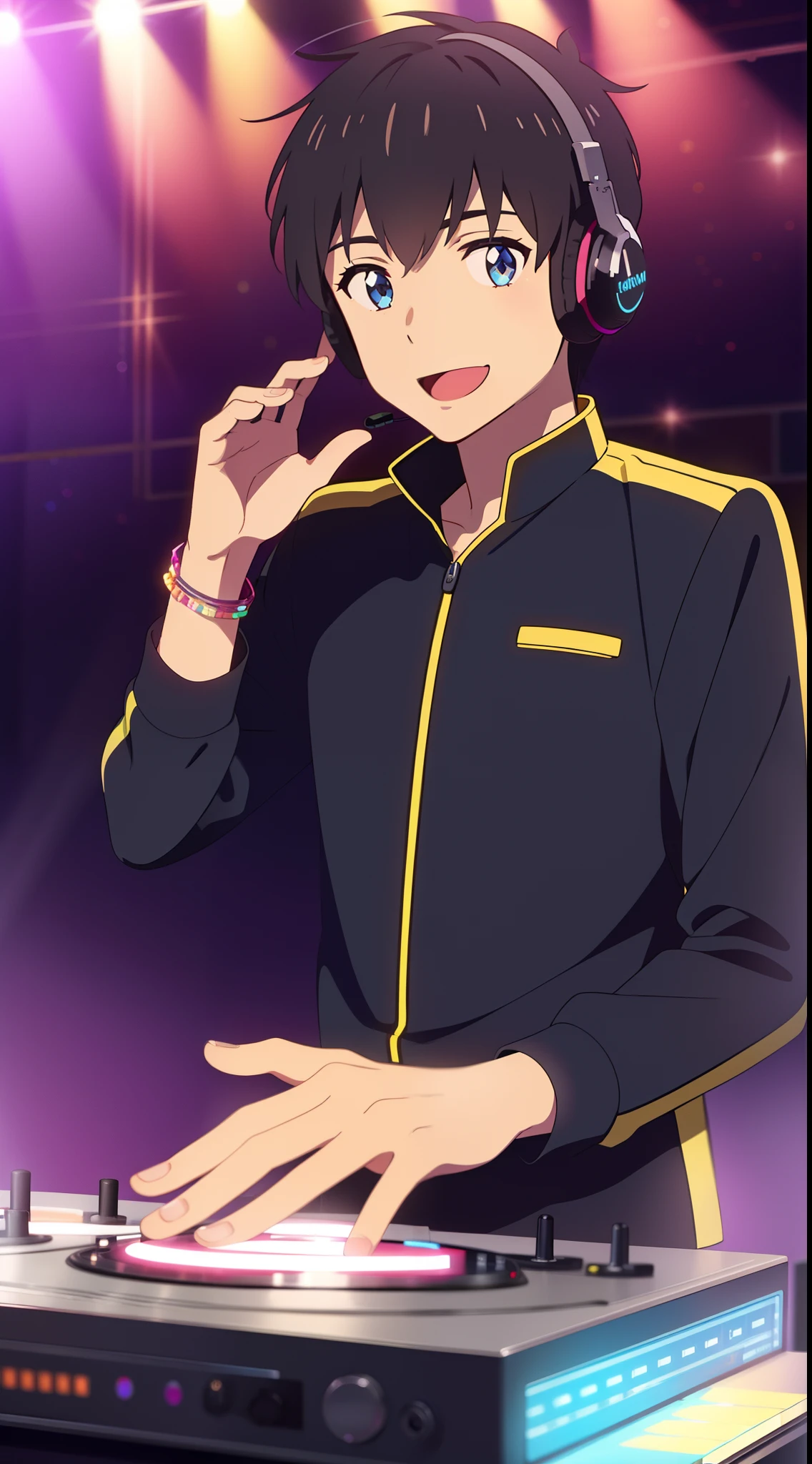 shinkai makoto, kimi no na wa., tachibana taki, 1boy, male, bangs, black hair, blue eyes, male focus, Lolita Performance Wear, short hair, looking at the viewer, smile, open mouth, :D, long sleeves, bracelet, DJ boy, nightclubs, mirror ball, headphones, disco, showcasing his skills on the turntables, Glitter, perfect hand, Live Performances, colorful light