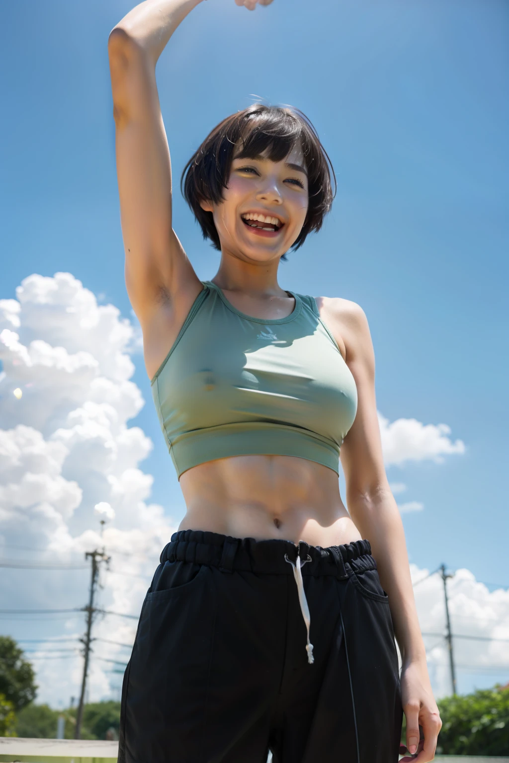 masuter piece、Ultra-high-definition image quality、Summer sky、very hot、Full body like、Three very beautiful college girl athletes、Very tall、healthful、No makeup、a pixie cut、poneyTail、a short bob、broad shoulders、Very strong muscles、sun burn、Sunburn scars、Very sweaty、aggressive、greed、Smile at you、Staring at you、Condescending on you、Teasing the、seductiv、Pranks、laughing loud、shout out、Looks like a lot of fun、body odor、armpits hair、large udder、Drenched tank top、shortpants、
