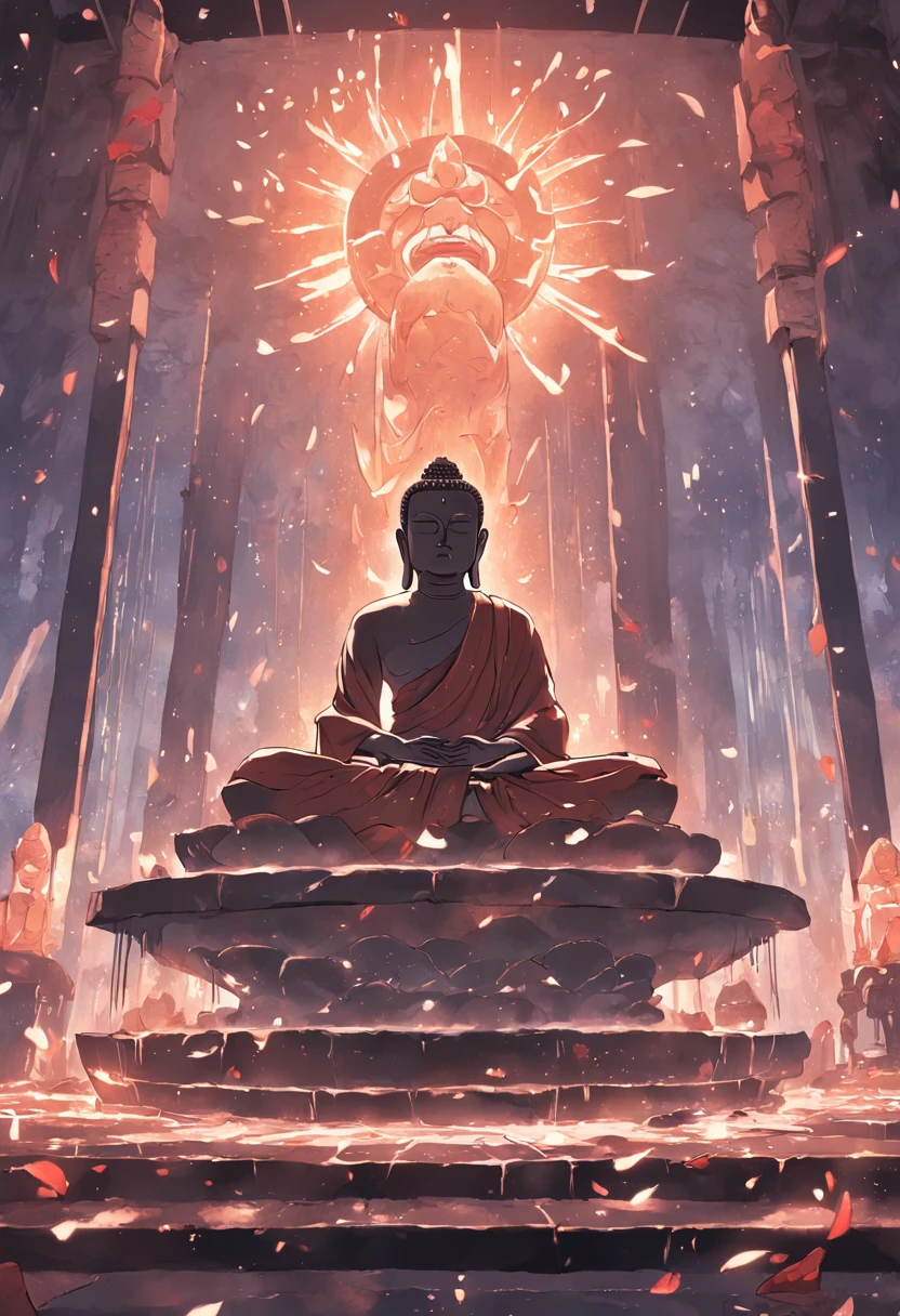 The Buddha statue is located in the middle of the high platform,profile,Middle position,Broken stone Buddha statue,It's bad,Incomplete,stone statue,Chinese Buddha statues,run-down,moss,A muscle man,of a shirtless,Meditate in front of the table