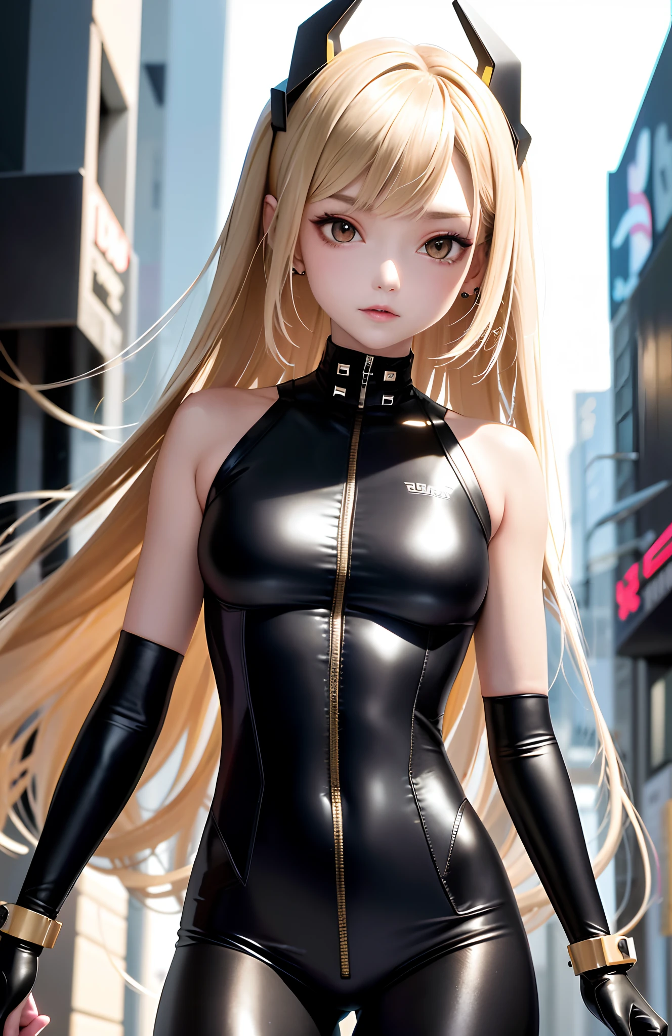 optimum，tmasterpiece，A high resolution，best qualtiy，hyper HD，super detailing，Award-Awarded，16k，独奏，（（The upper part of the body）），（（Bust）），anatomy correct，Beautiful cyberpunk girl，cute  face，，Gradient Beige Hair，Hairline，（（Dark golden eyes）），long eyelasher，Hanging eye corners，White skin of the，（small boobs），（Slim body），（（Women's super short shawl leather jacket）），（（racing_suit）），（（）），ear studs，（Neck strap），（Laser material clothing：1.2）