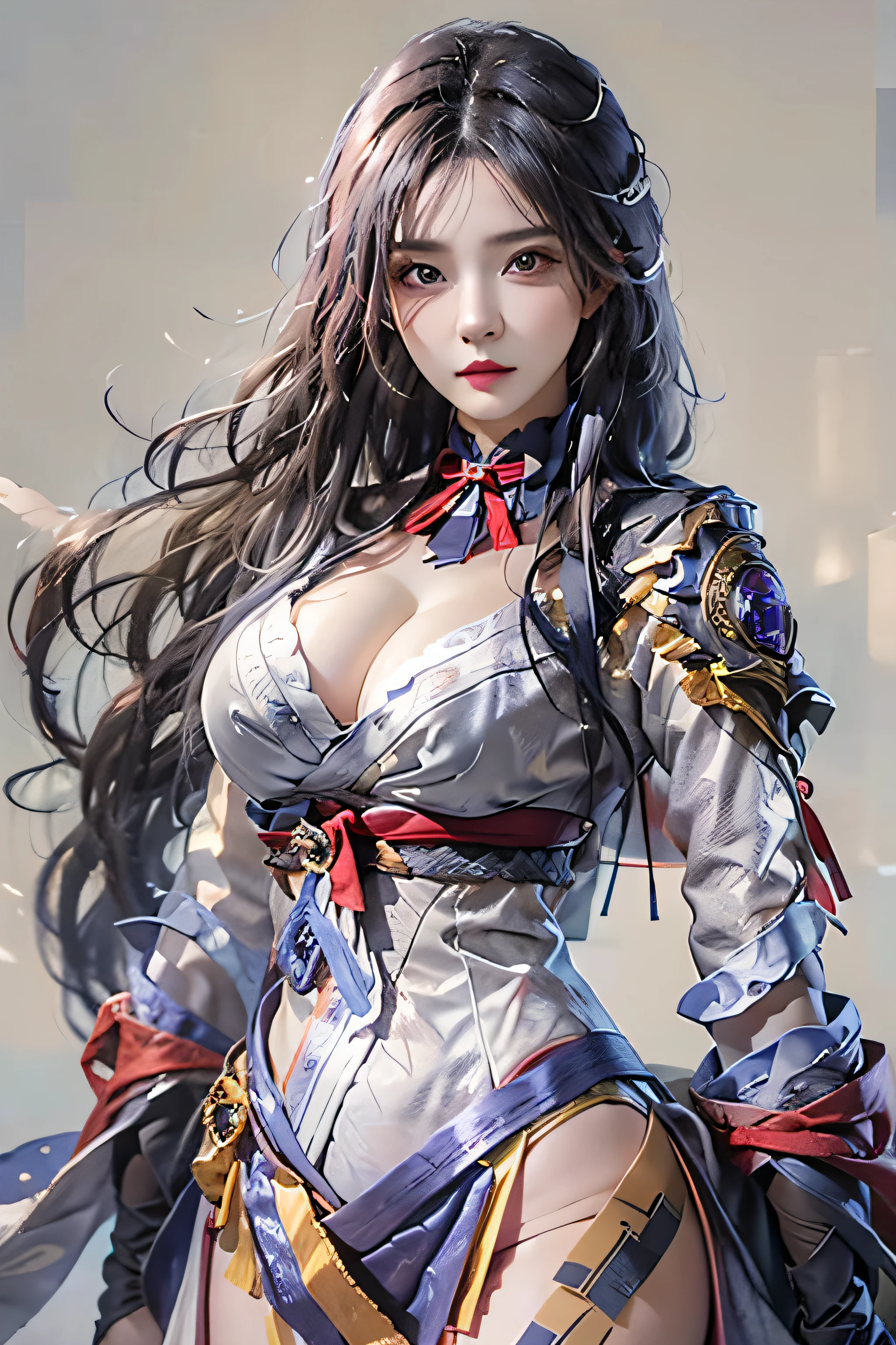 Photorealistic, high resolution, 1 girl, Hips up, Long hair, Beautiful eyes, normal breast, Raiden General costume