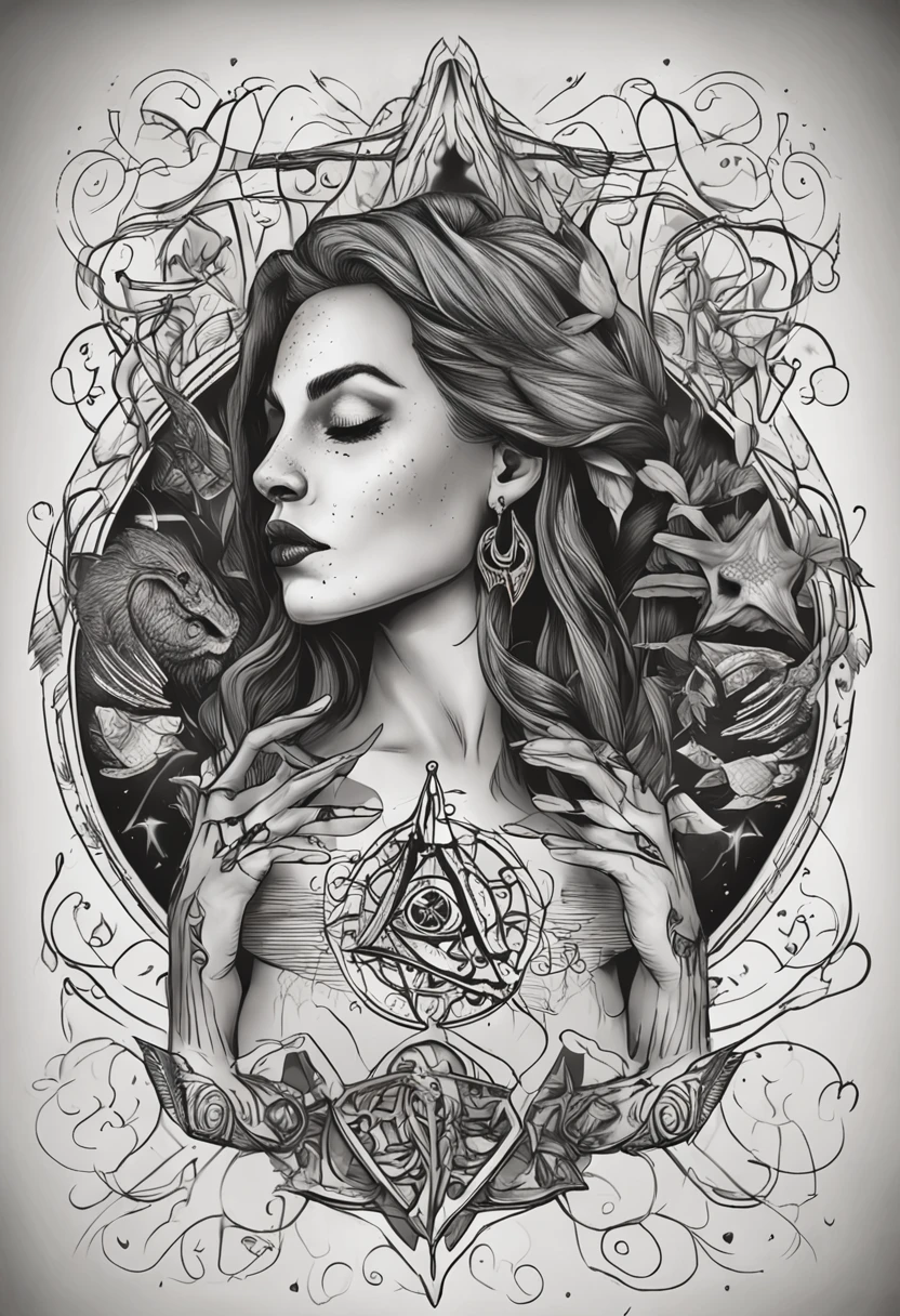 Desenho tatuagem realismo preto cinza, feiticeira, casting spells, hands with magic, arcano, brilho, luzes, Jaina Proudmoore