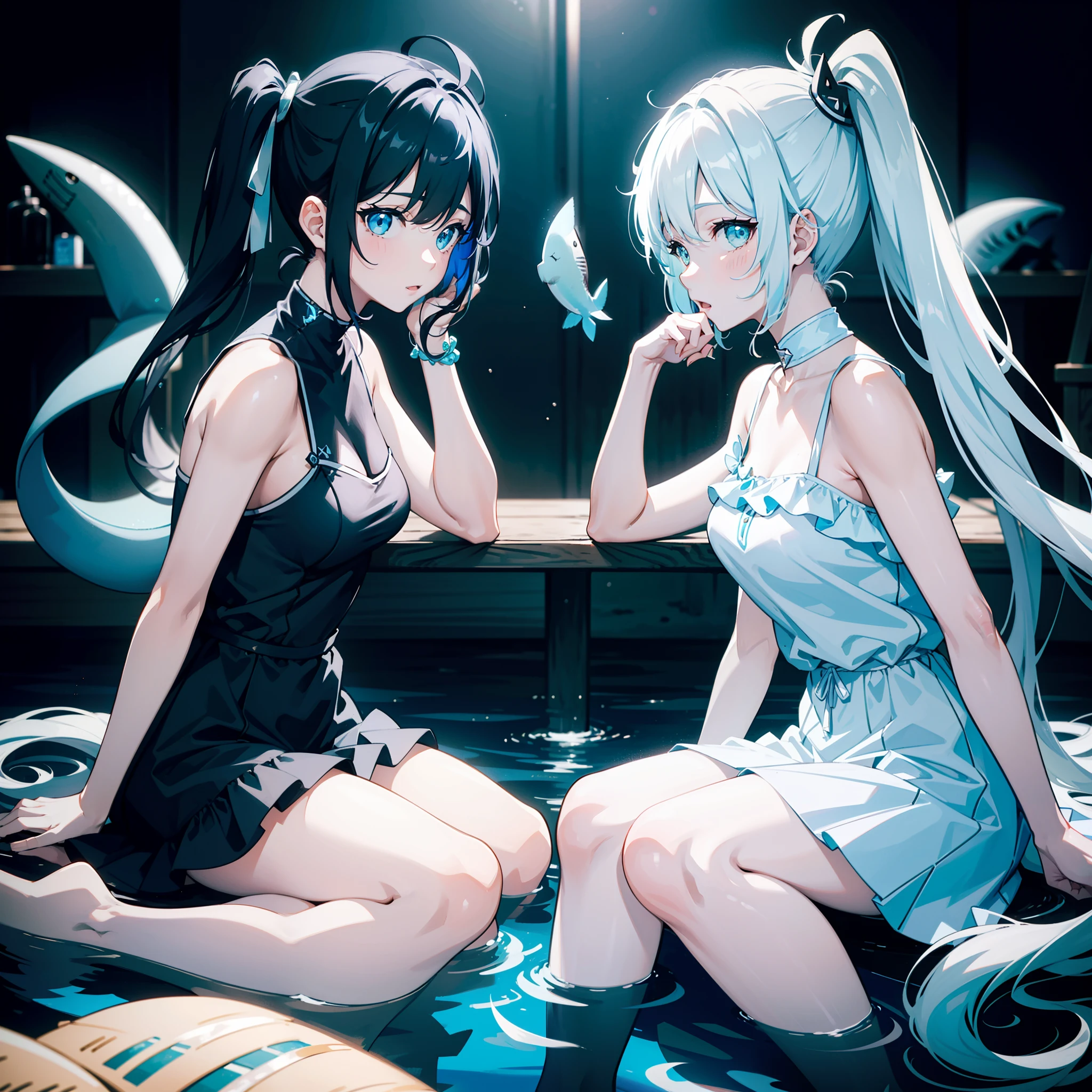 Two girls with light blue twin tail hair and white ponytail hair sitting in the sea、Colorful fish、The ey、shark、Black and white off-the-shoulder dress、（Messy blue light）、（The best highlights）、（The best shadows）