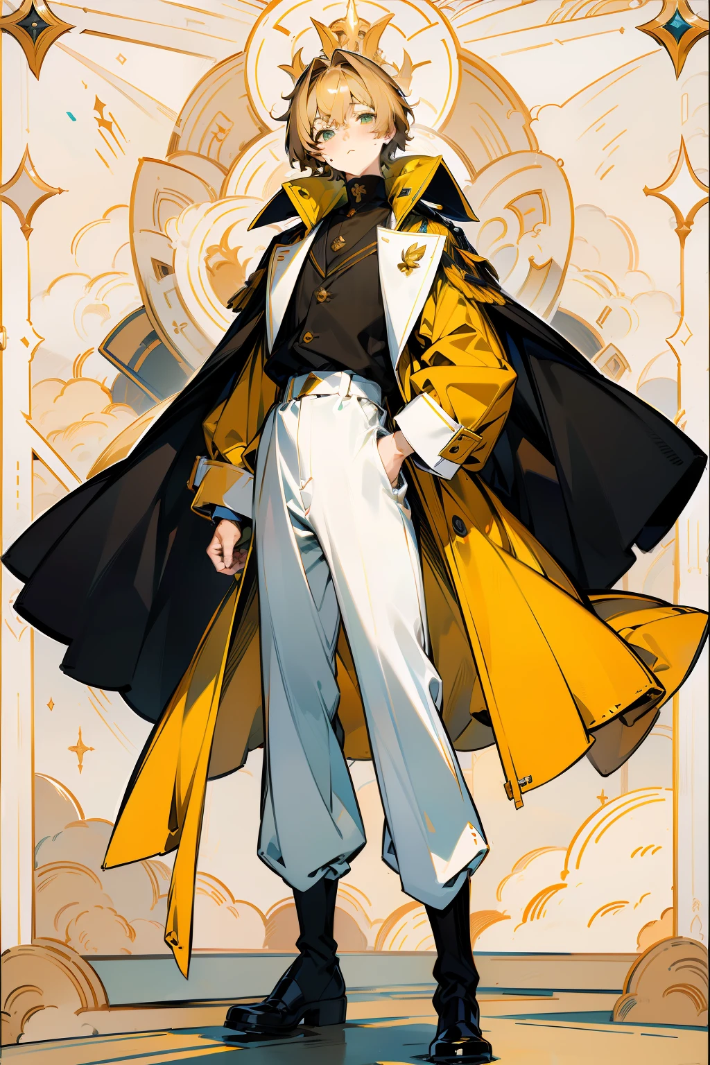 Masterpiece, Best quality, High definition,male people,short detailed hair,tawny eyes,Yellow long-sleeved coat,long trousers,,Compare humor