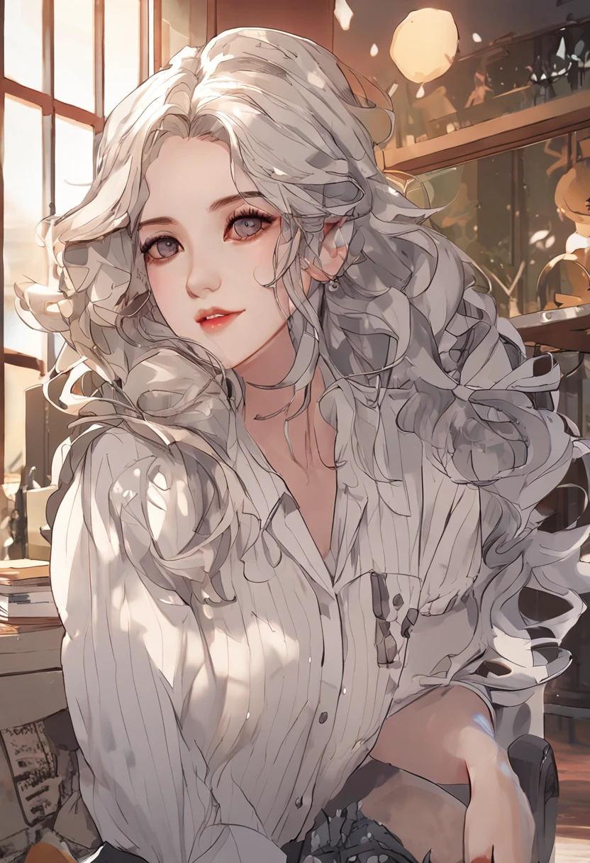 (hyperrealistic), (illustration), (high resolution), (8K), (extremely detailed), (best illustration), (beautiful detailed eyes), (best quality), (super detailed), (masterpiece), (wallpaper), (detailed face), solo, (dynamic pose), 1 girl, white wavy hair on the chair, korean, heterochromic eyes, small moles under the eyes, ((short apron)), medium breasts, long legs, tightens abs, (camel toes), (no panties), (no bra)