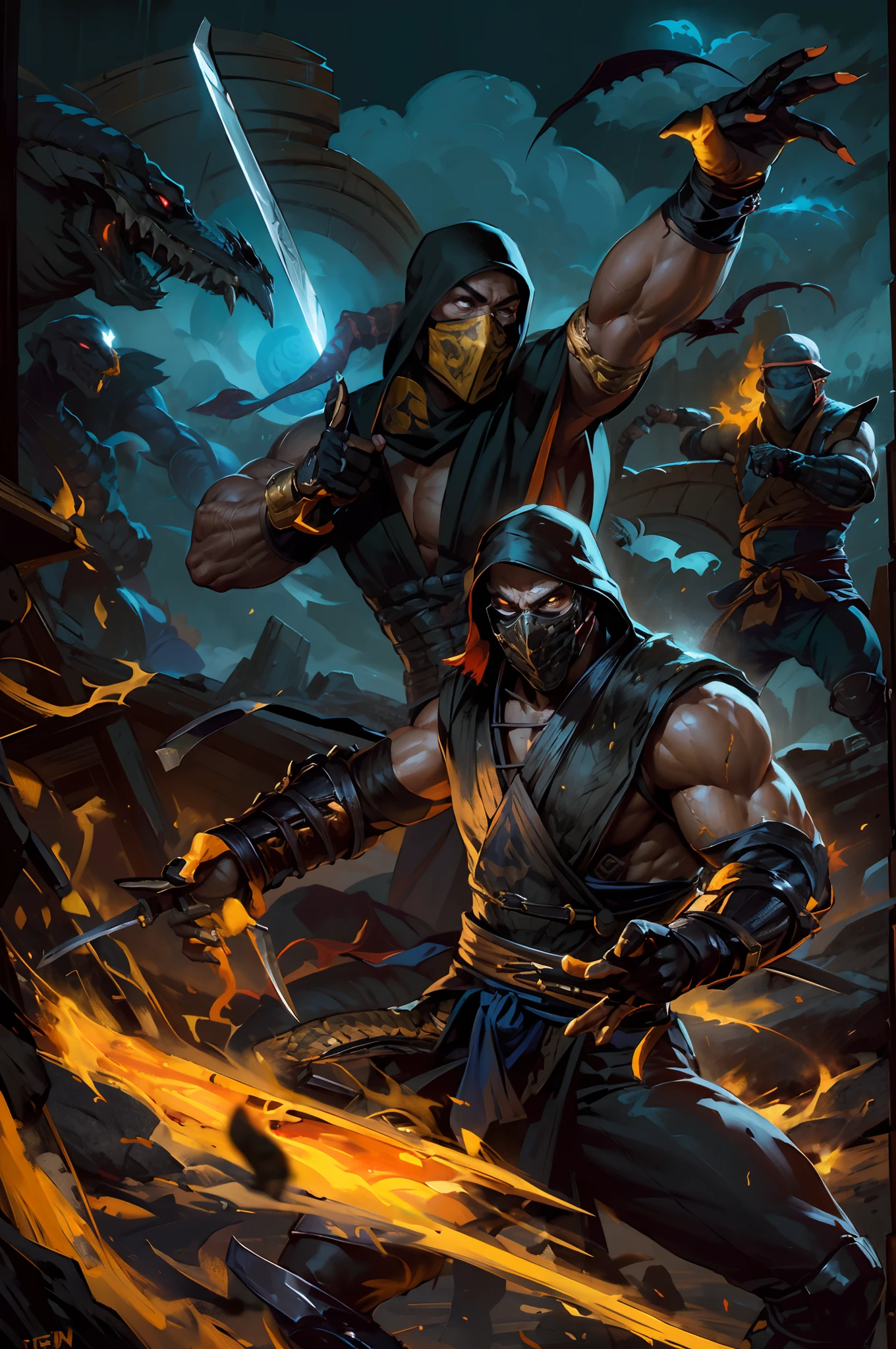 a painting of a man with a sword and a mask on, em Kombat mortal, Kombat mortal, MK Ninja, Estilo de Mortal Kombat, Arte 4K, HQ 4K papel de parede do telefone, Ninjas, Mortal Kombat 11, Arte em 4k, scorpion from mortal kombat, Personagem de Mortal Kombat, 4 k post, Postagem 4k, papel de parede do telefone, Inspirado em Ken Kelly