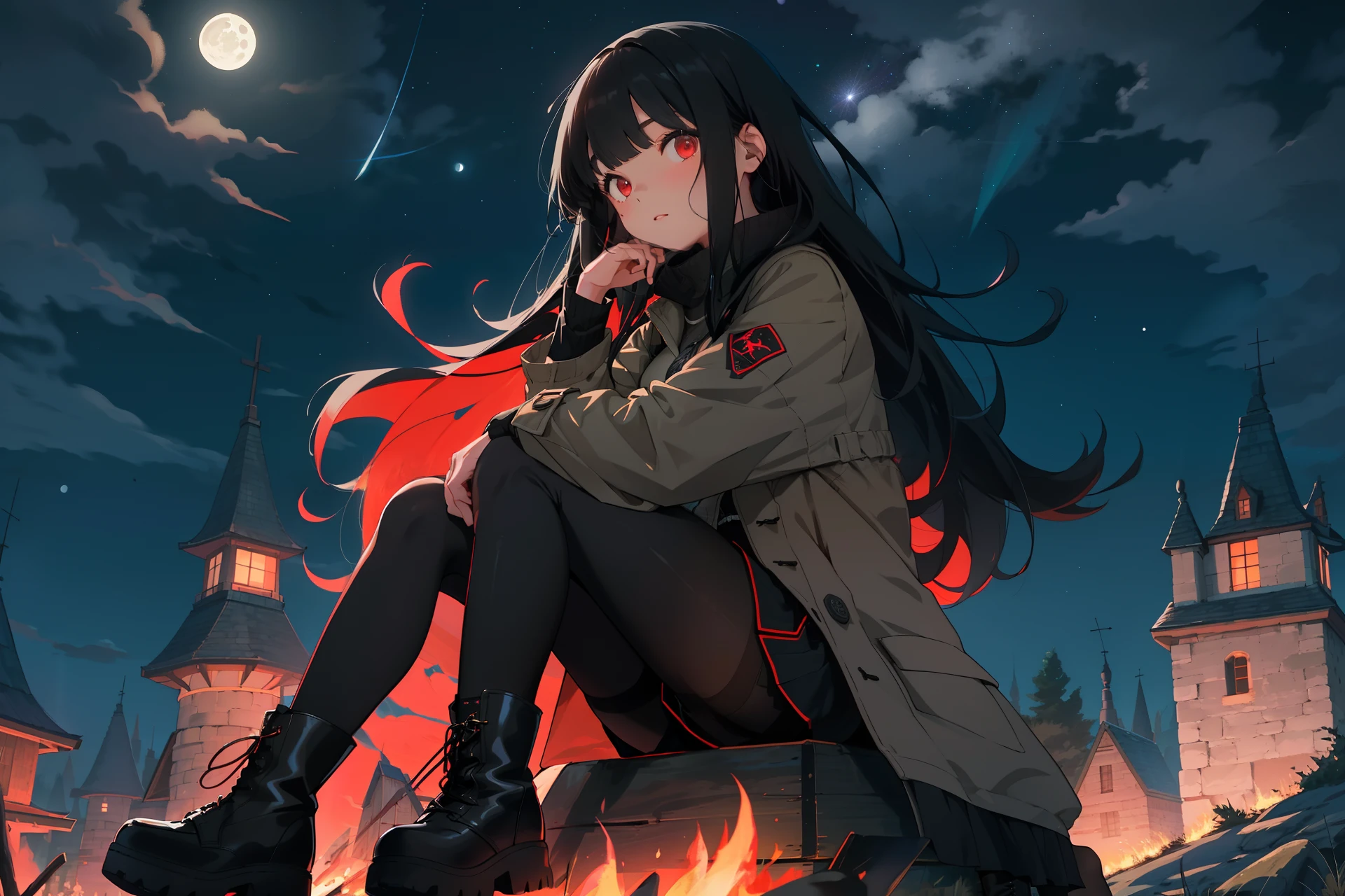 1girll,Solo,full_Body,(Tall:1.1),black_Hair,Long_Hair,Thick_Hair,bangs,Red_Eyes,mediating_Breasts,Sitting,Coat,Shorts,Pantyhose, Boots,
scenery, campfires, Night,tenten,Moon,Night sky, Star,
Masterpiece,Best quality,A high resolution,