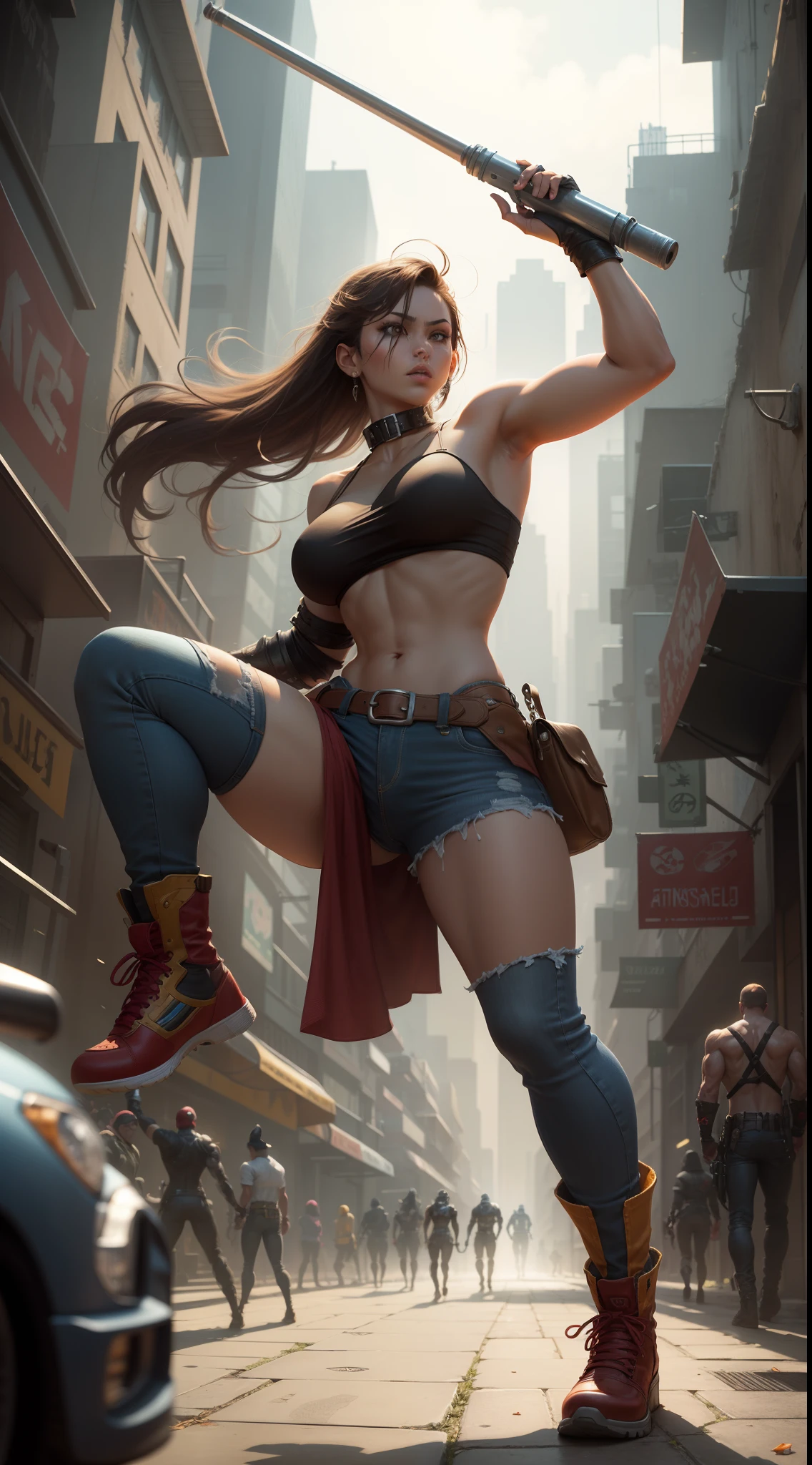 Solo, jewish girl, cascina caradonna, 1girl, (very curly open wild dark brown hair), wide seductive lips, smirking, skin, larger nose, high detailed face, 4k , camletoe, (small breasts, straight waist,wide hip, slightly chubby body,inflated legs,thick thighs,(detailed face)), 4k, look at camera, highly detailed face, (in bandage outfit, cleavage, belly free, legs free, white wristwraps), krav maga fighting, ((running through city)), angry shouting, dusty desert city, wide perspective, 4k, (dust and sand flying around), ((full body)), barefoot, wind blowing hair, hand up to protect from wind, leading a camel, (yellowish sky from sandstorm), adventure