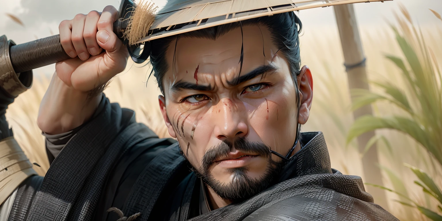 Ghost of Tsushima character, Jin Sakai gazing the gruesome face mask he is holding in his hand, stark imagery, in a field of pampas grass on a stormy windy fall day, 64k resolution hyperdetailed photorealistic