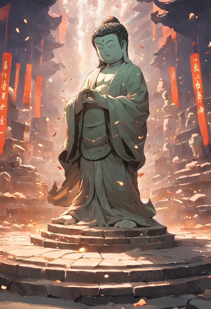 stone statue，Middle position，Gravel Buddha statue，It's bad，Incomplete，stone statue，Chinese Buddha statues，run-down，moss，muscle men，of a shirtless，Meditate at the table