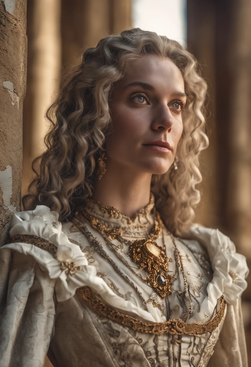 Versailles，whaite hair，Blue eyes，Gorgeous dress，Exposed milk，France，femele，Sexy and hot，sportrait，Solemn，Bigchest，SENSE OF CINEMA, hdr, Gorgeous shades, Intricate details, super-fine，oc rendered，Ray traching，Reallightandshadow，Hyper-realistic，anatomy correct，hyper HD，Textured skin，Baroque style，classicism，lightand shade contrast，ssmile，Light smile，The sense of sacredness，