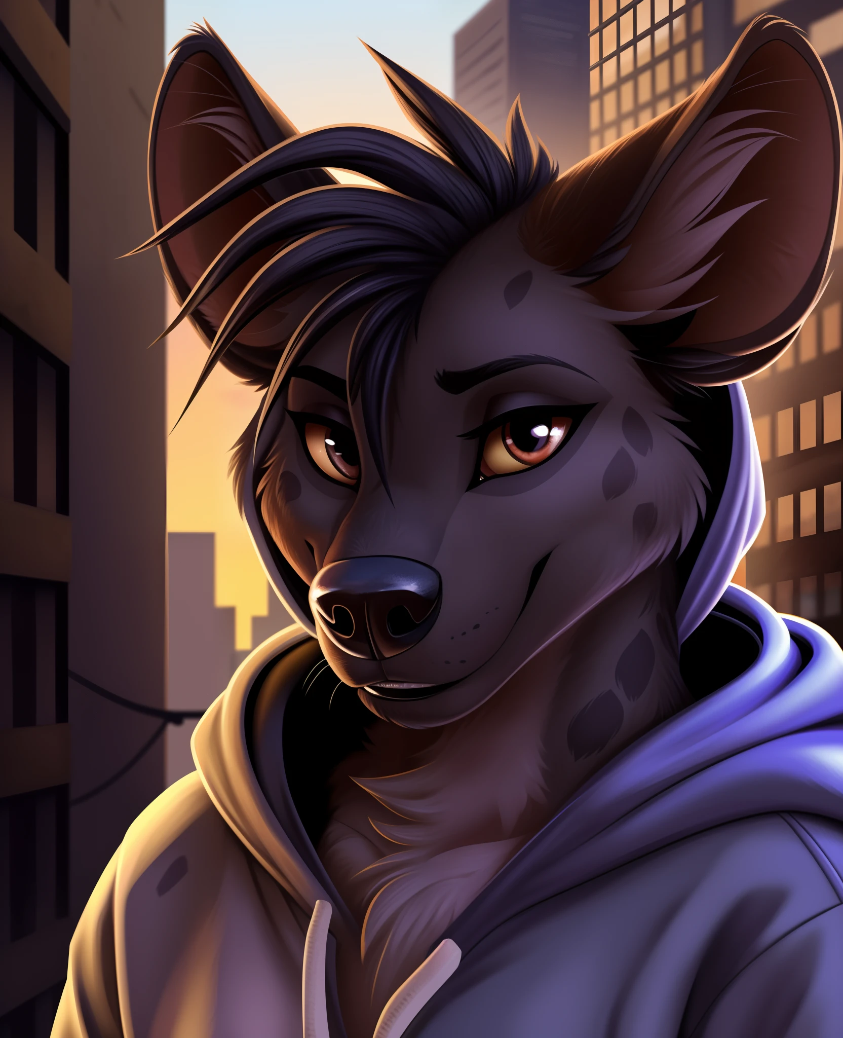 shenzi, furry female anthro, hyena girl, portrait, close-up, (hoodie:1.2),  fur trim, solo, (body fur:1.2), (best quality), (detailed urban background:1.2), dramatic lighting, (detailed fluffy fur:1.1), looking at viewer,