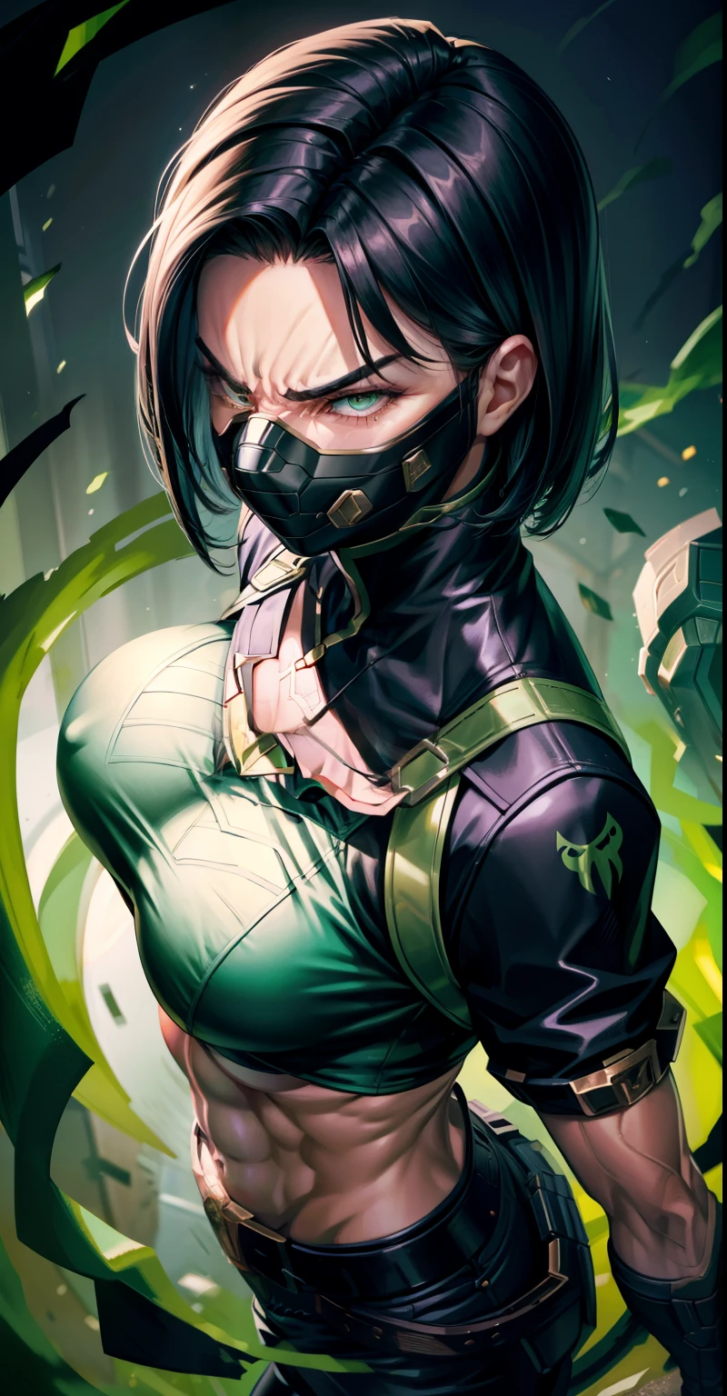 Masterpiece, Best quality,looking from above,《Fearless viper》, 比基尼, mitts, belt, thigh boots, respirator, view the viewer, face, Portrait, Close-up, Glowing eyes, green smoke, Black background,huge tit,Raised chest,Bare-bodied,Close-up of chest,angry look,Devil figure,Staring angrily at the screen,Facing the screen,Muscle woman,Abs,Bare-bare stomach