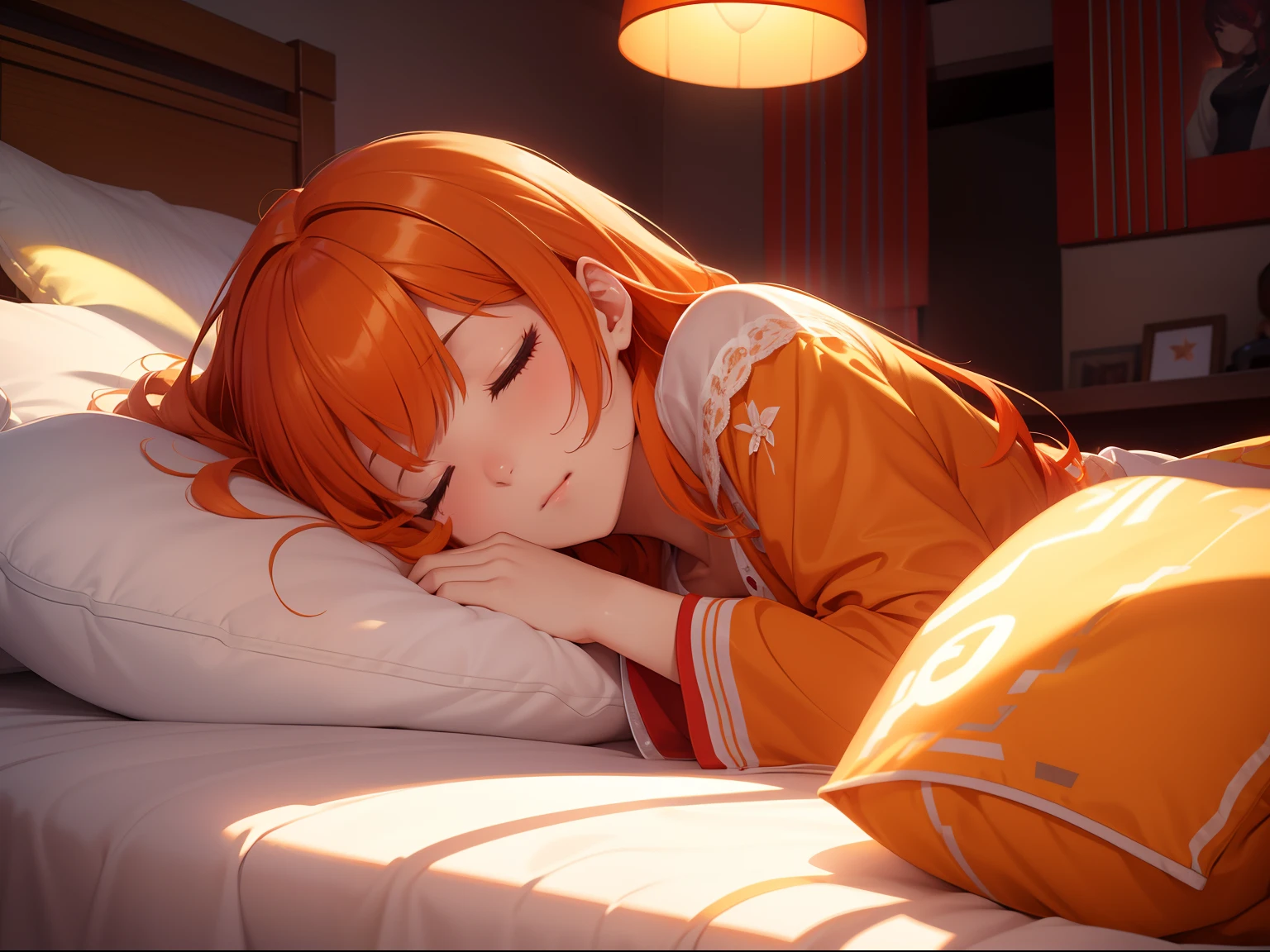 extremely details CG, Caustics, Cinematic lighting、超A high resolution、独奏、1girl in、Competing Art、bright orange hair、bedroom、on the beds、Sleeping soundly、s Pajamas