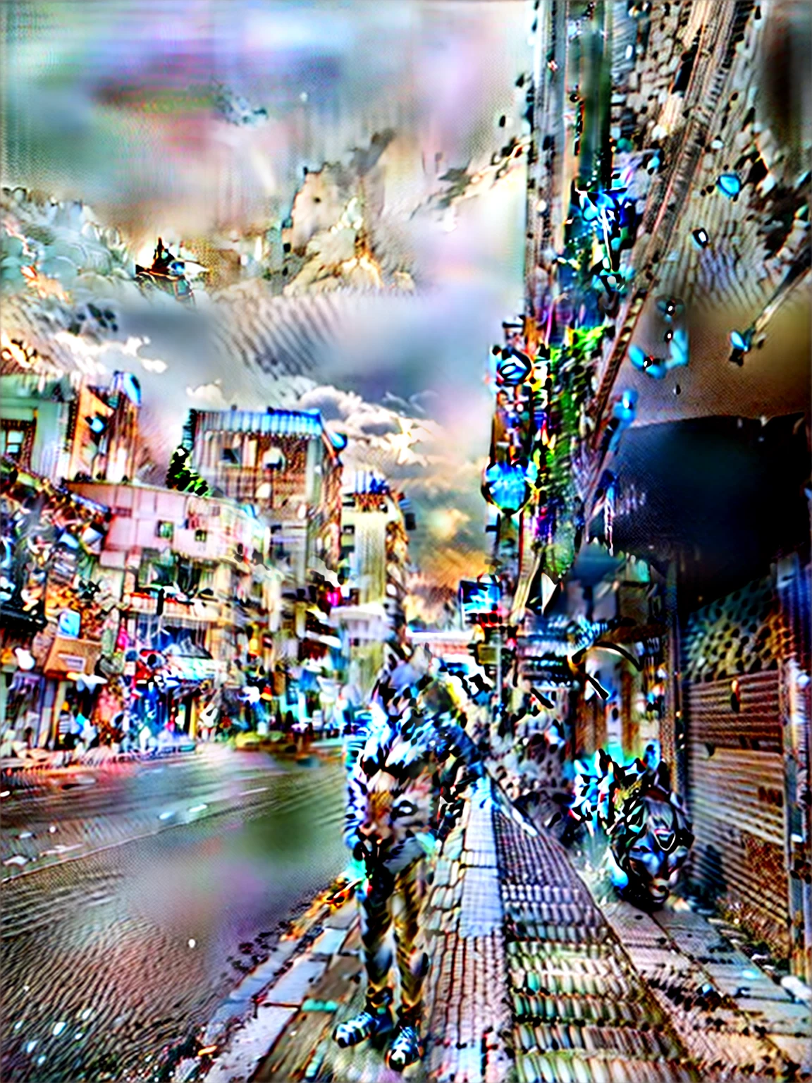 Humanoid Cat, lightning, dark Night, face details, fur, glowing eye, muscular armor, great sword, High Realistic, hill, blur background, 4K, high contrast, shadow, shaders, ray tracing, water, splash, medieval, burning, fire, lightning, slash, fur face, full body, eye contact, furry, tall, blind, raining --ar 9:16