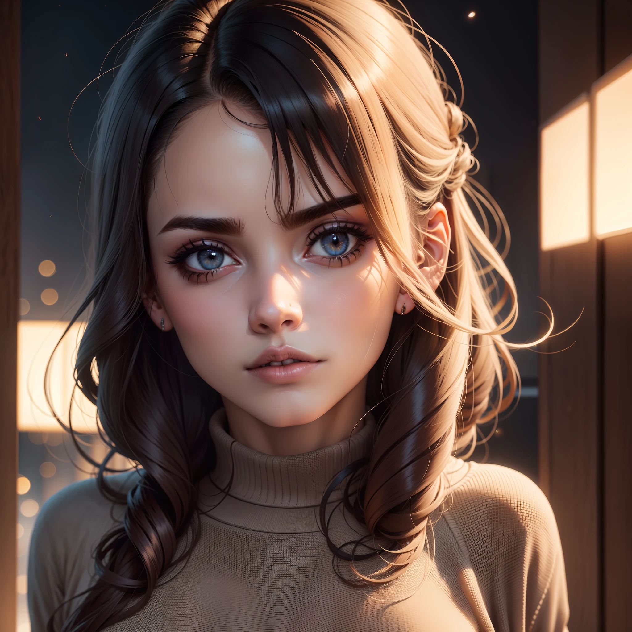 Rosto de uma mulher, realista, cabelos pretos, noite, Serious, wearing sweater