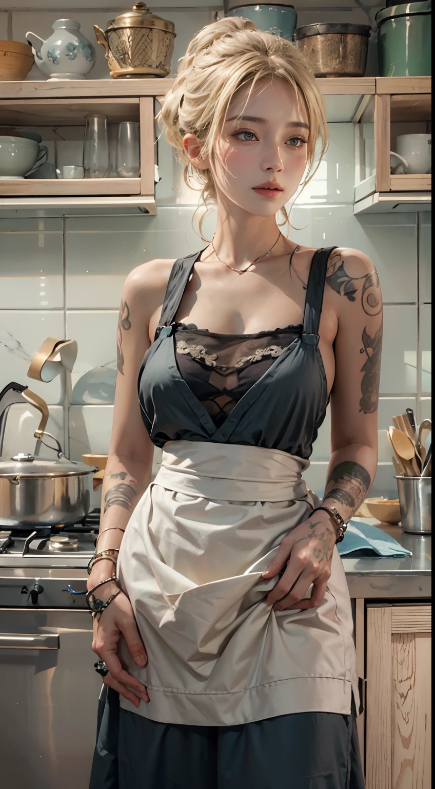 Photorealistic, high resolution, Soft light,1womanl, Solo, Hips up, (Detailed face),A woman with various tattoos and hair standing in her kitchen, Her apron is the only dress, Blonde hair