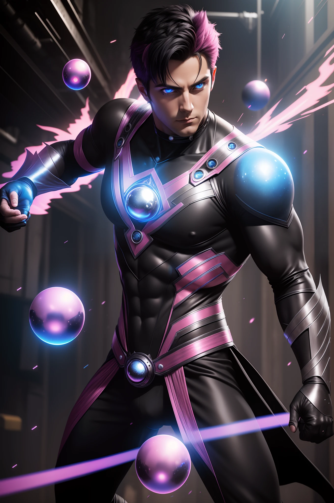 A man in a black suit with pink hair and blue eyes - SeaArt AI