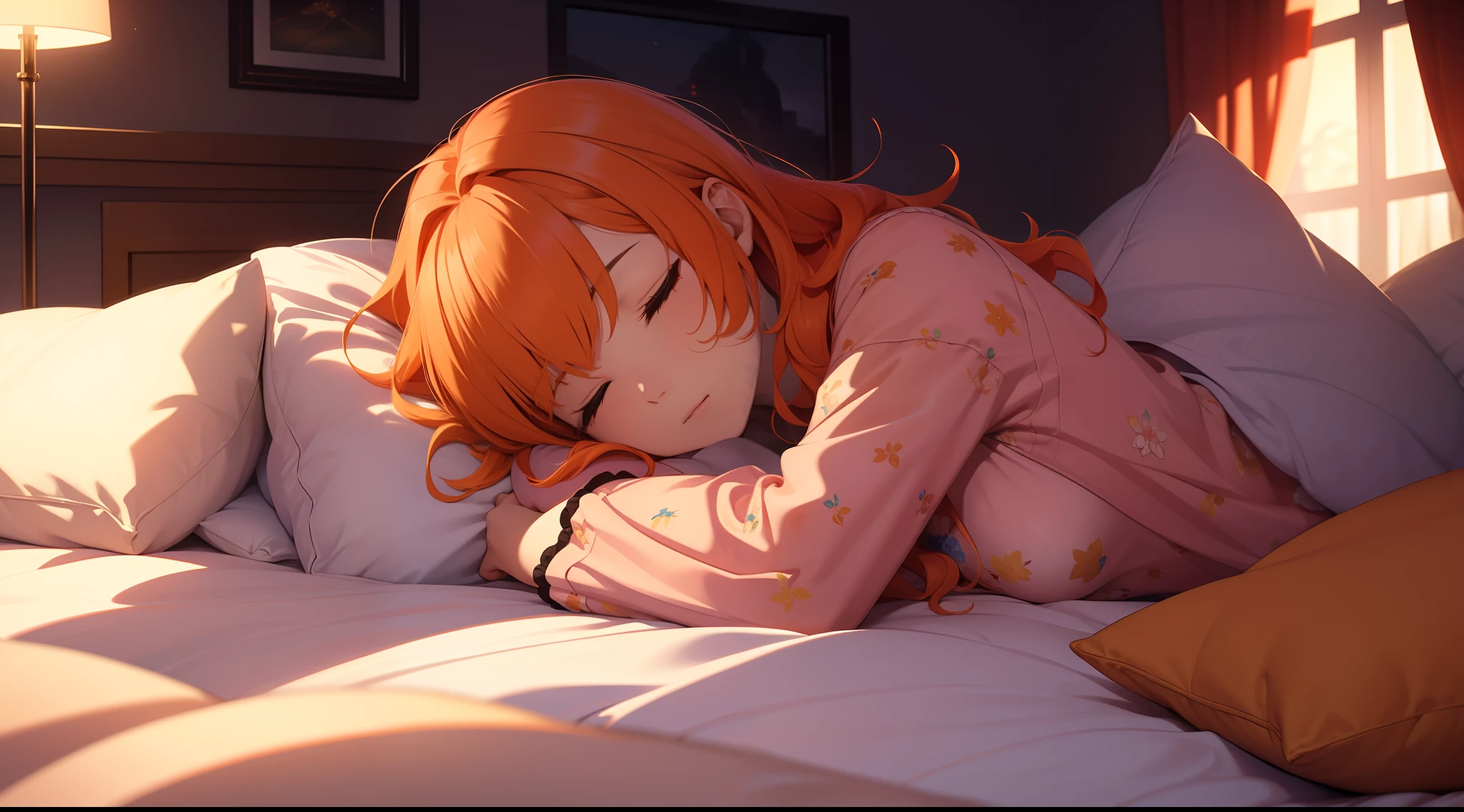 extremely details CG, Caustics, Cinematic lighting、超A high resolution、独奏、(1girl in、Competing Art、bright orange hair、PILLOWS、on the beds、Sleeping soundly、s Pajamas)