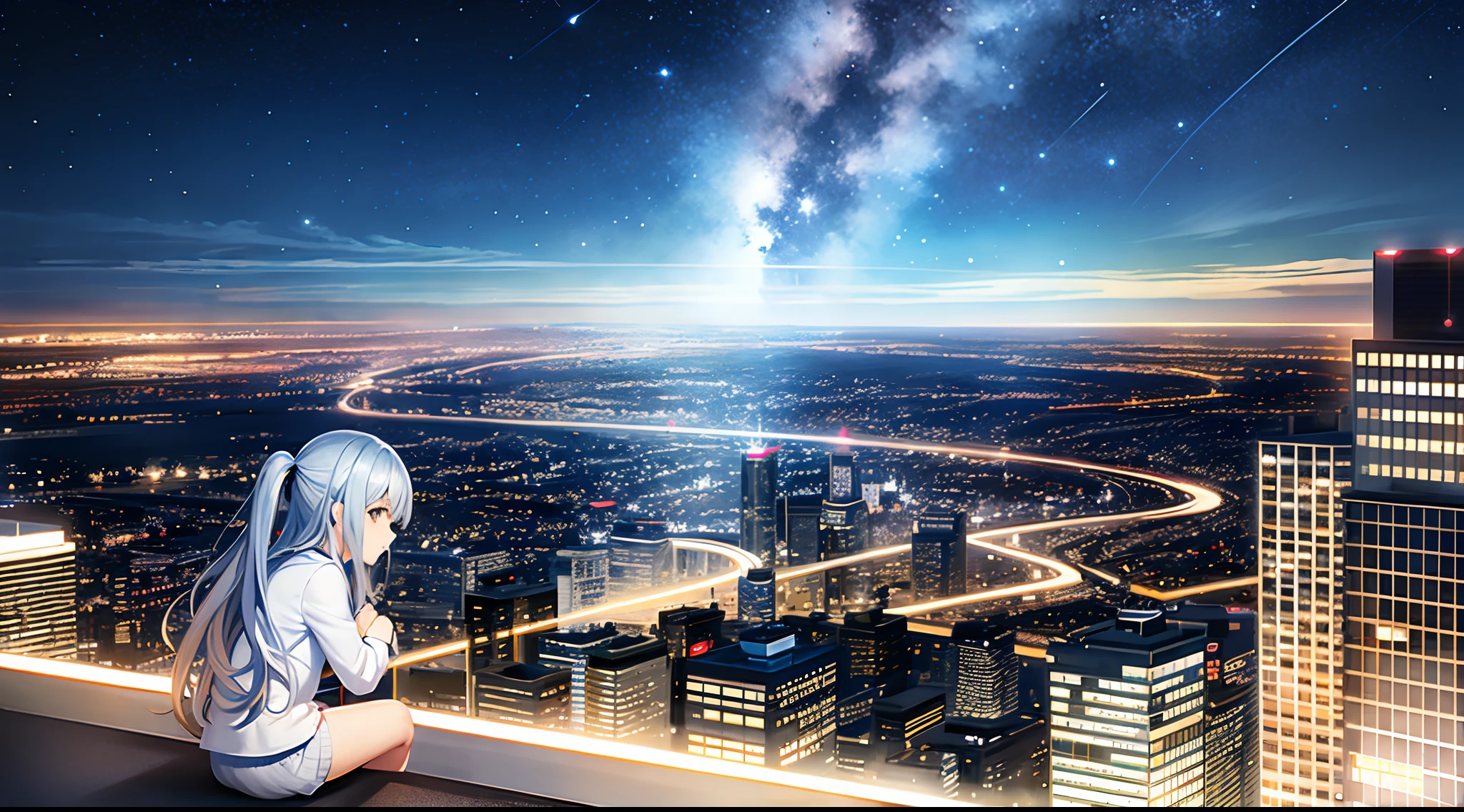 octanerender, Skysky, As estrelas (Skysky), The landscape, starrysky, the night, only child, nigh sky, 独奏, exteriors, signatures, build, Clouds, galactic, Sat down, The tree, long whitr hair, 城市, siluette, view over city,horizon