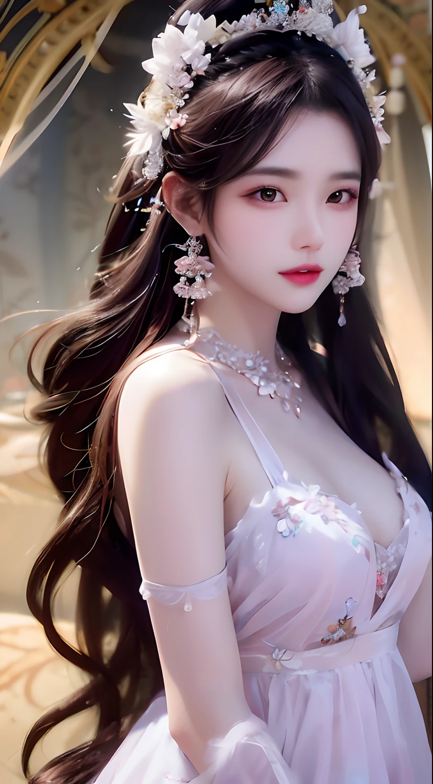 Close-up of a woman in a dress and floral headdress, beautiful Korean women, gorgeous chinese models, Beautiful Asian girl, Chinese girl, Korean girl, a beautiful fantasy empress, ((a beautiful fantasy empress)), Beautiful young Korean woman, Asian girl, Beautiful asian woman, Japanese goddess, Gorgeous young Korean woman, beautiful and seductive anime woman, Beautiful goddess