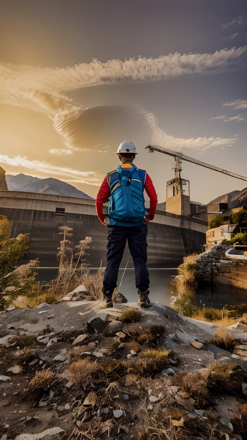 Civil engineer man wearing glasses holding a helmet standing on a rock in front of a dam, photo taken in 2 0 2 3, with mountains in the background, 2 0 2 2 photo, civil engineer, the photo shows a large, standing next to water, extremly high quality, standing in front of a mountain, with mountains as background