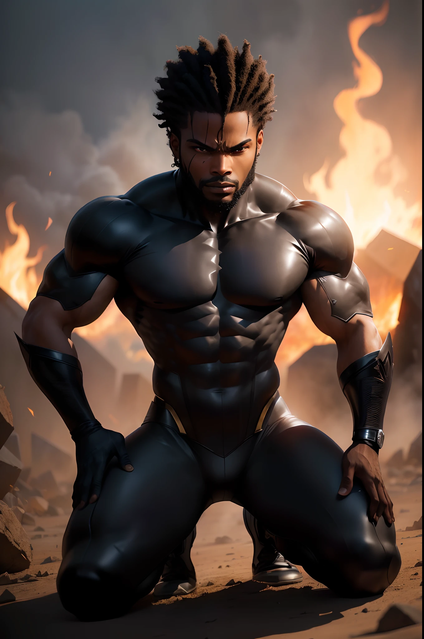Various images of black superhero with fire powers, salvando pessoas, voando, derrotando inimigos, lutando, Showing your strength