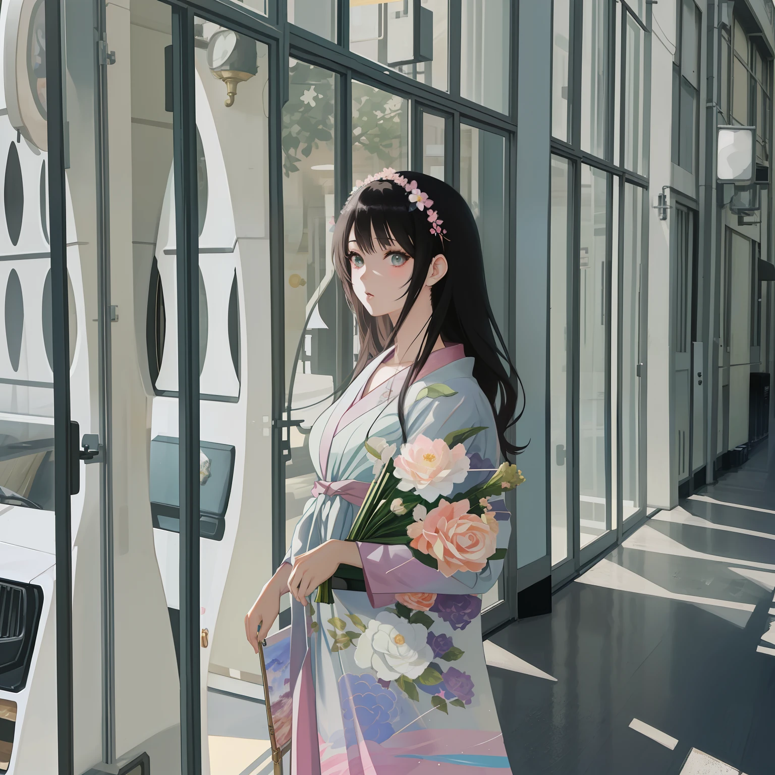 Good-looking big eyes 1.5,crystal shining eyes,with light glowing,Hazy light,Anime girl with flowers in her hair and black dress, Guviz-style artwork, Guviz, Kawaii realistic portrait, a beautiful anime portrait, Beautiful anime girl, Realistic cute girl painting, Rosla 1. 0, realistic anime artstyle, Realistic anime art style, Stunning anime face portrait, rossdraws portrait, by Yang J, realistic art style