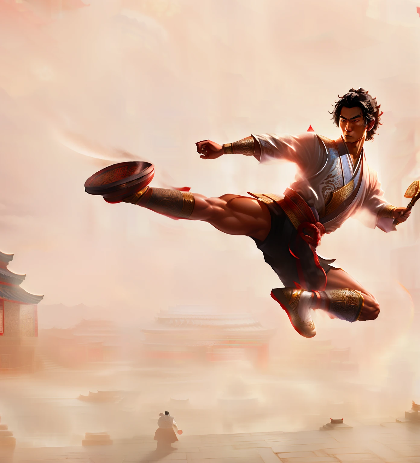 Man, strong, black hair, oriental look, ultra realistic, 4k, dressed in traditional Chinese clothing, fly kick posed with mean facial expression, oriental temple background, high resolution, hyper-detail, ancient China(In an ancient courtyard) (Chinese).