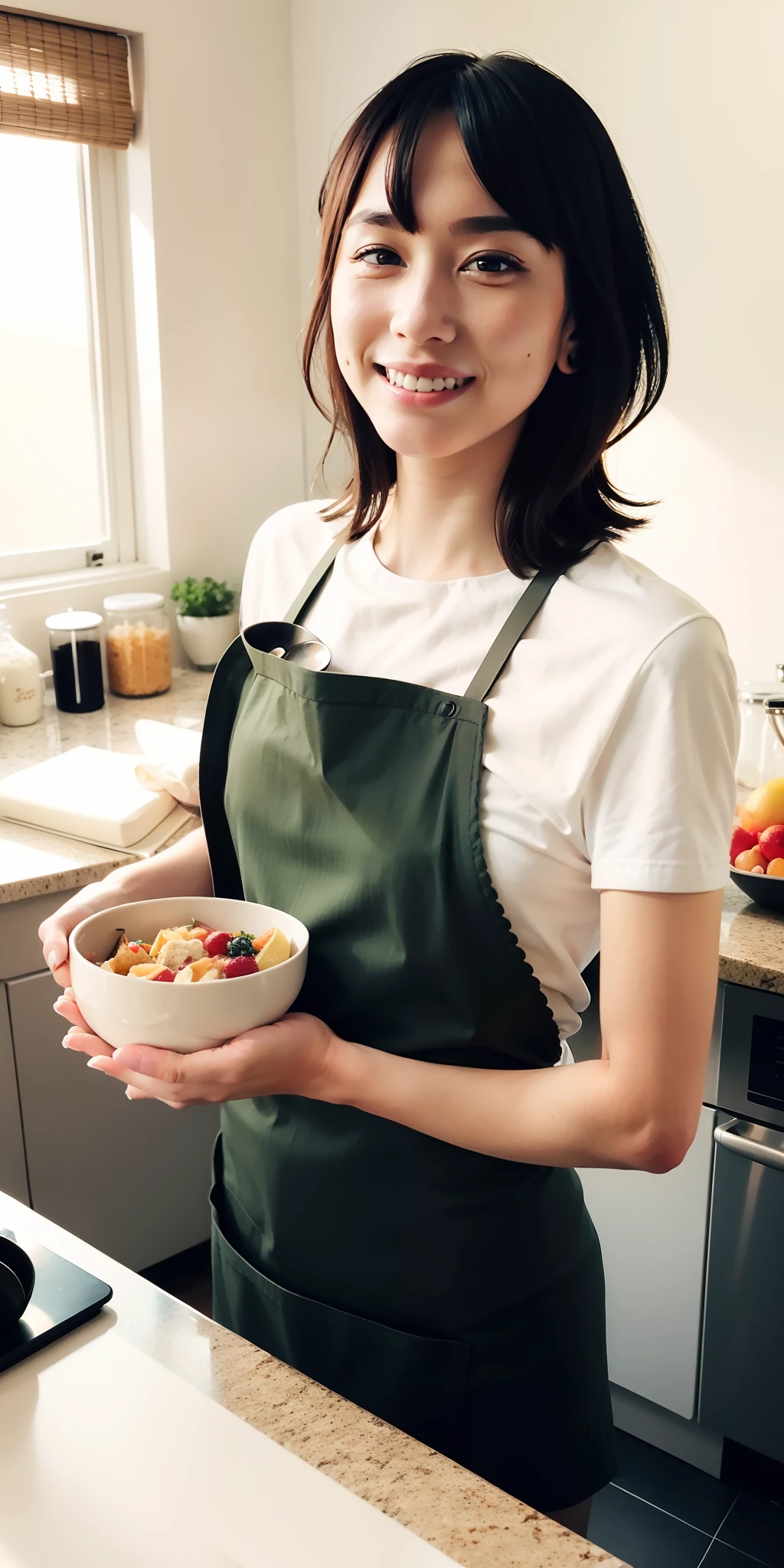 best quality,highly detailed,masterpiece,ultra-detailed,illustration,ultra high res, (photorealistic:1.4,8k),kitchen,1girl,cute,(apron, ),day,grin, face,black hair,clear face,