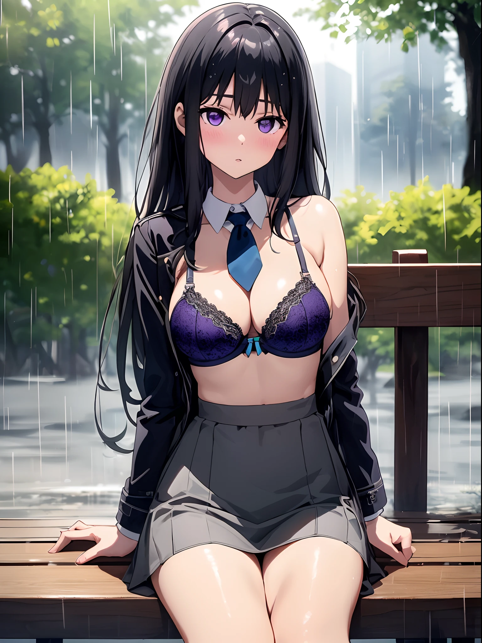 (R Solo:1.3)、(​masterpiece)、((best qualtiy))、((ultra-detailliert))、(a high chroma)、(CG Illustration)、highcontrast、low angles、red blush、(Licory Recoil:1.3)、((Takina Inoue))、((Clothes with gray sides:1.3))、(Green Tie Ribbon)、White bra、White panties、(Thick black tights)、(Purple anime-style eyes)、Delicate beautiful face、((teats)) 、(B cup breasts)、The best lighting、((turned around))、(Sitting with legs spread on a bench in a rainy park)