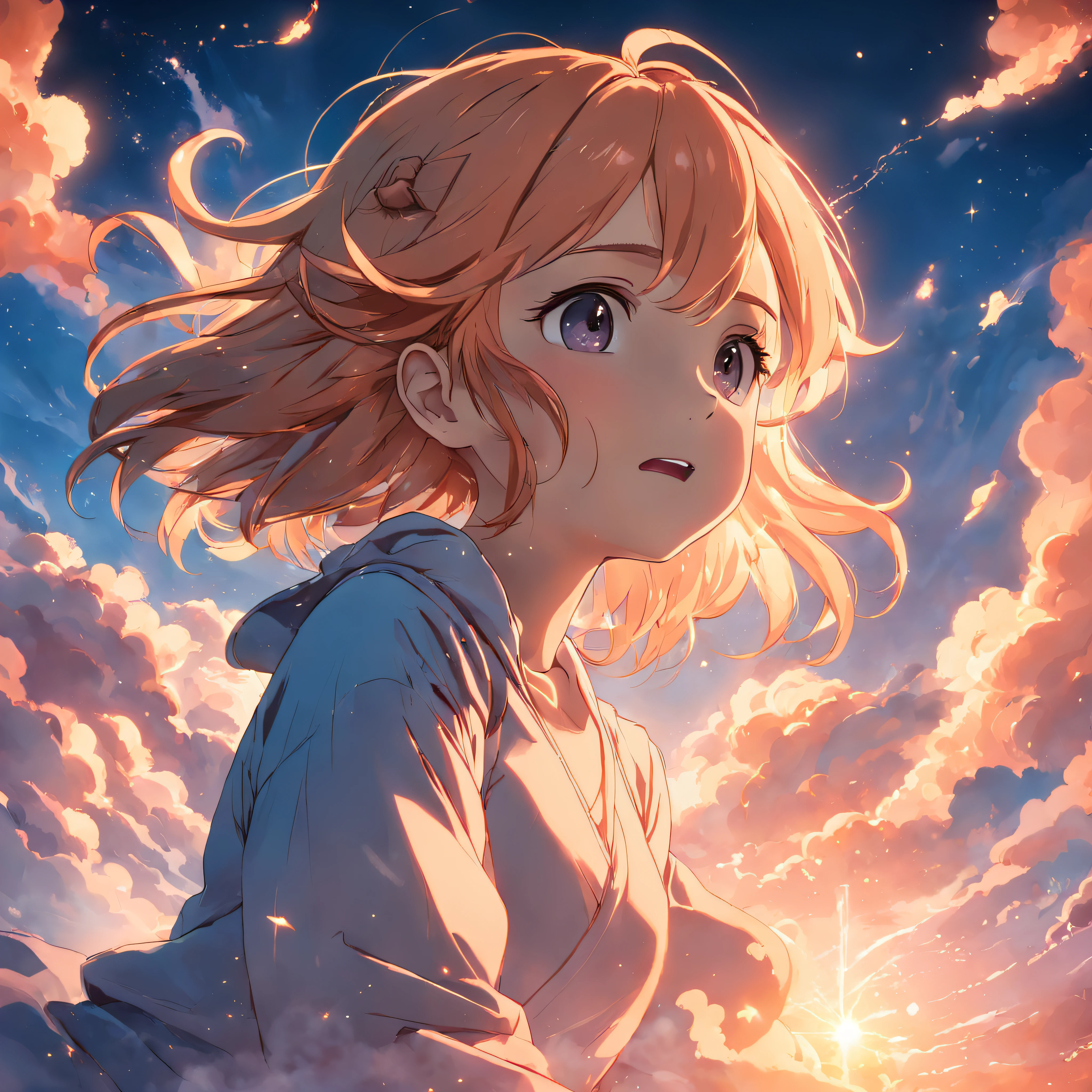 masterpiece, best quality, movie still, 1girl, cloud girl, floating in the sky, close-up, bright, happy, warm soft lighting, sunset, (sparks:0.7)